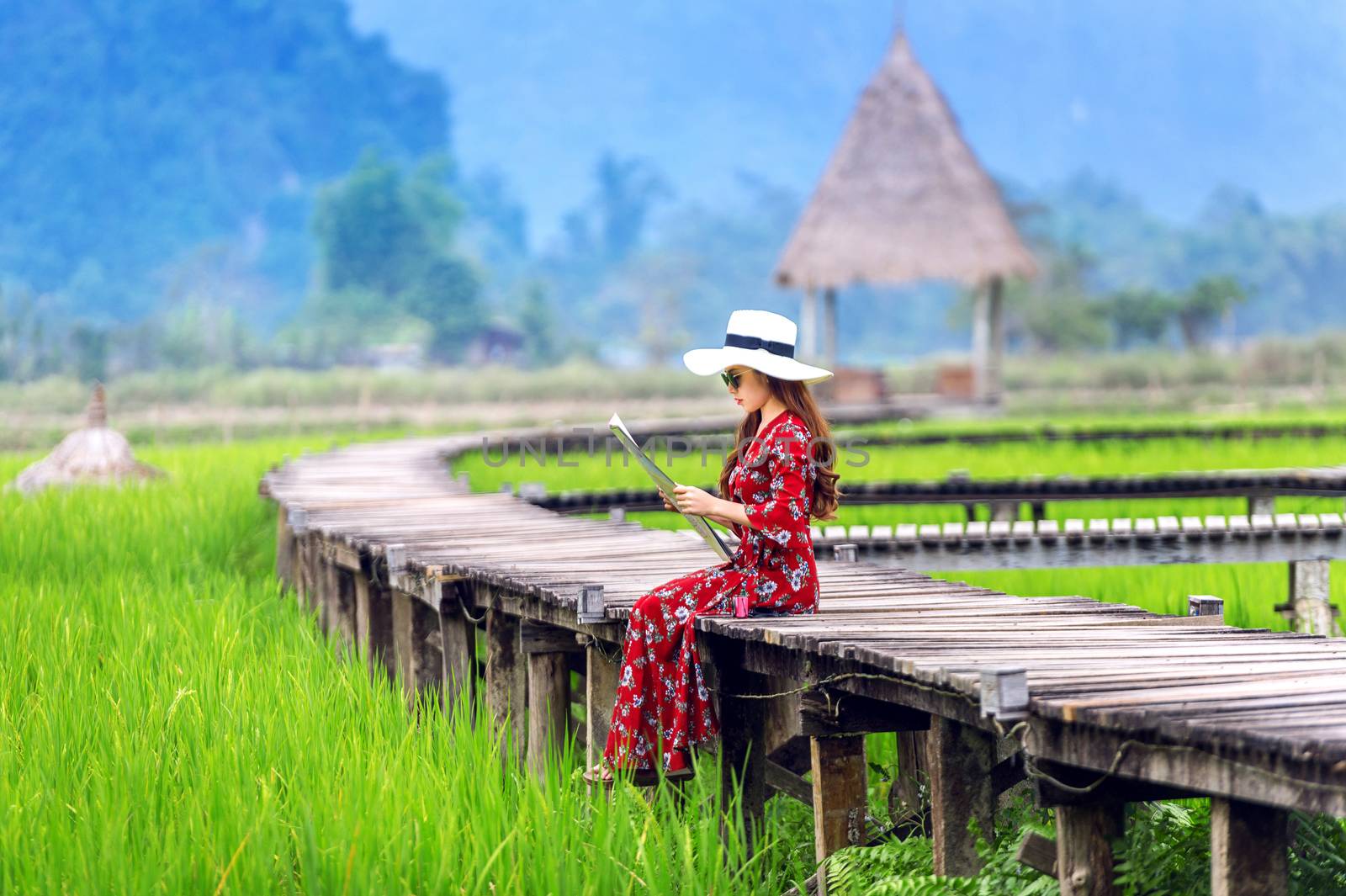 Young woman sitting on wooden path with green rice field in Vang Vieng, Laos. by gutarphotoghaphy