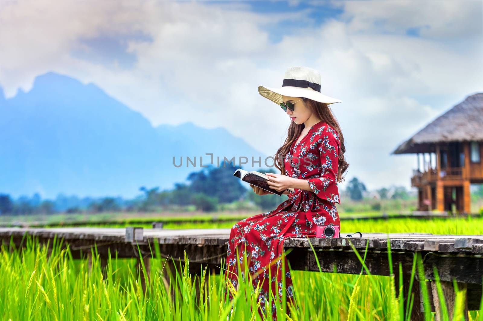 Young woman reading a book and sitting on wooden path with green rice field in Vang Vieng, Laos. by gutarphotoghaphy