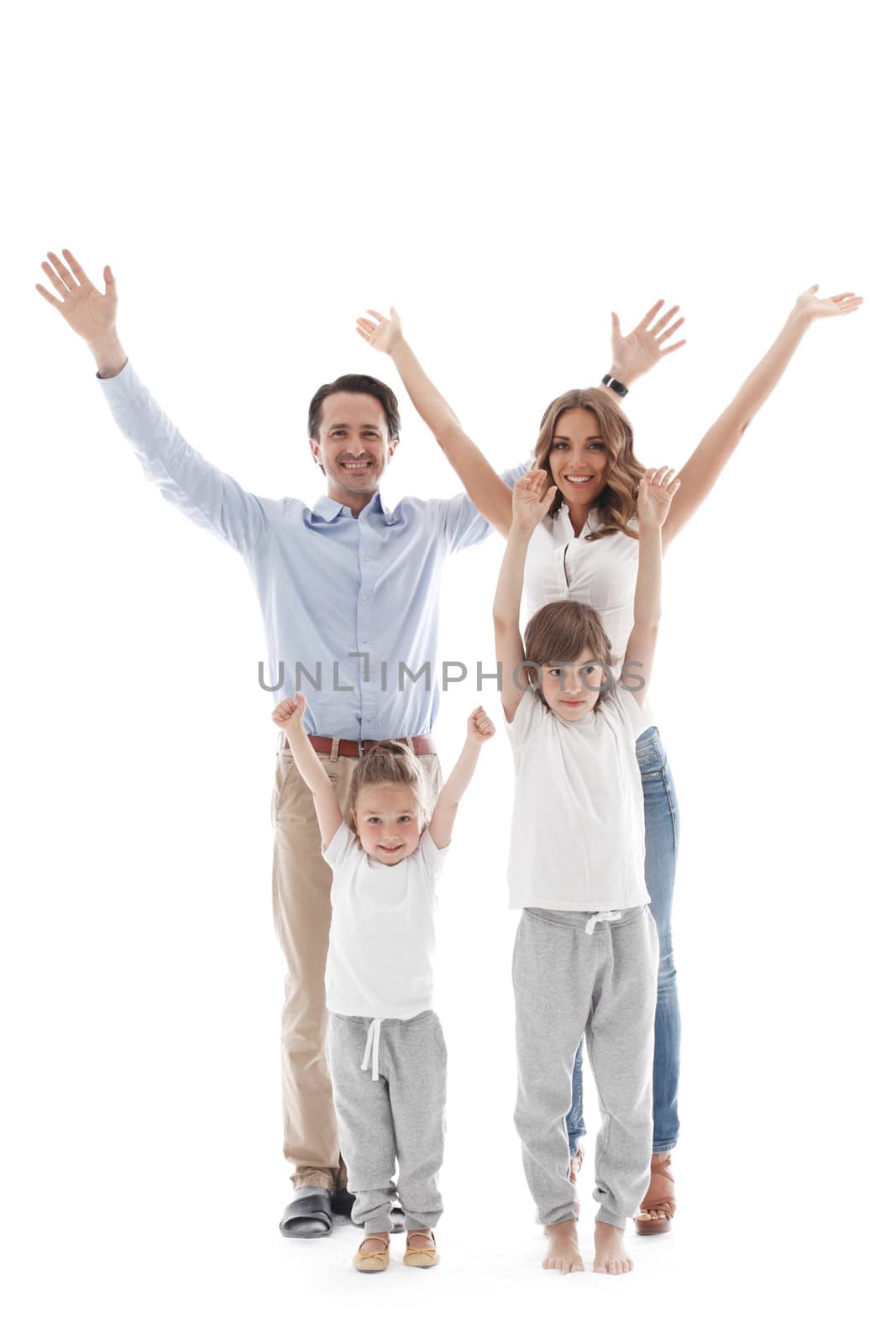 Happy family with raised hands up isolated on white background