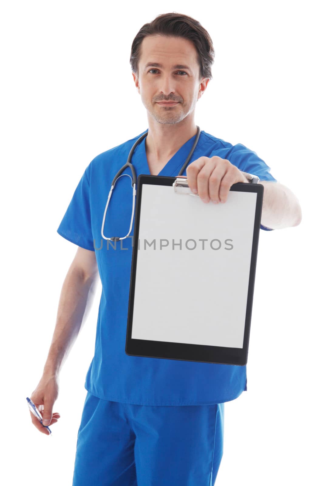 Portrait of young doctor in blue uniform isolated on white background 