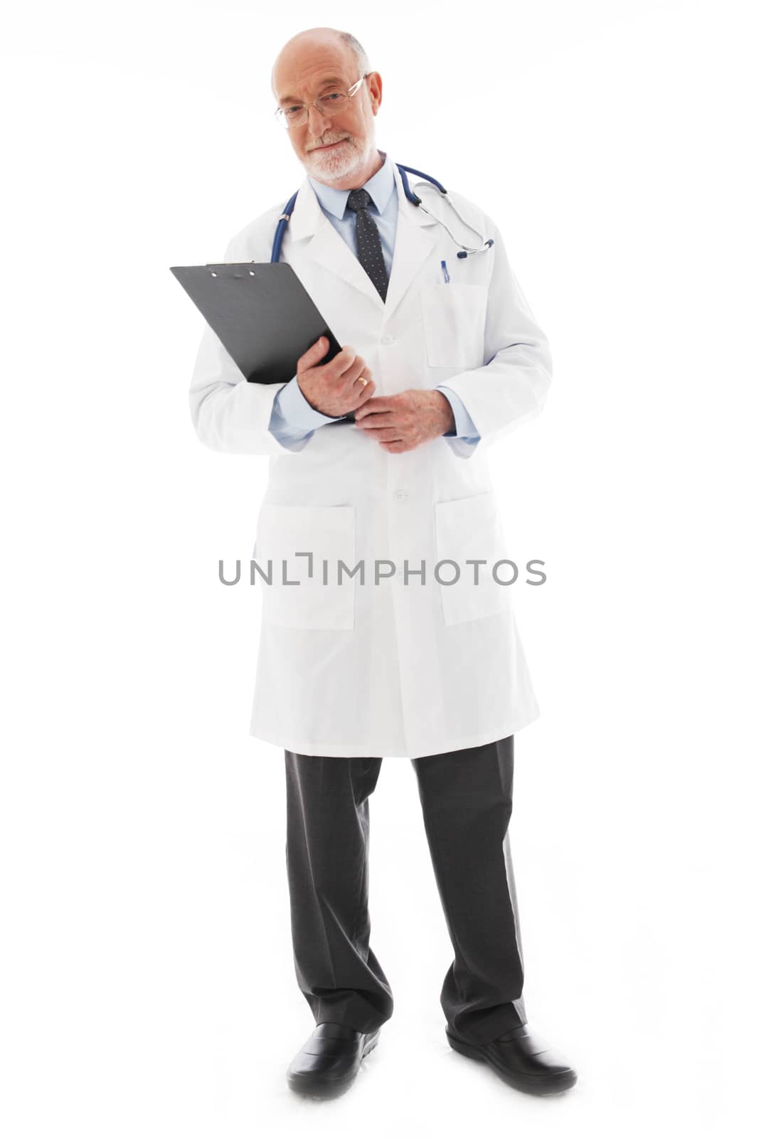 Full length portrait of a mature doctor isolated on white background