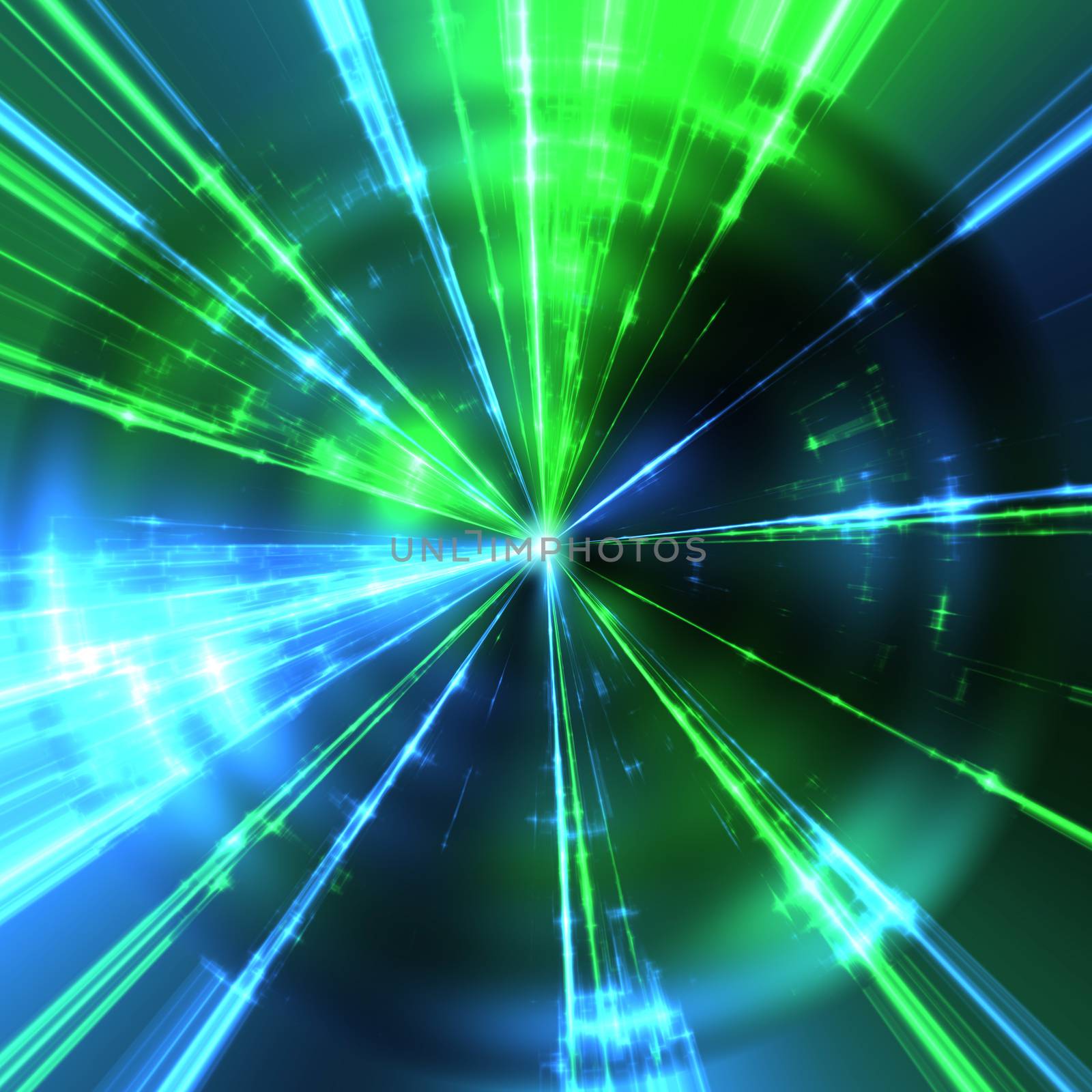 Illustration of some green and blue laser rays