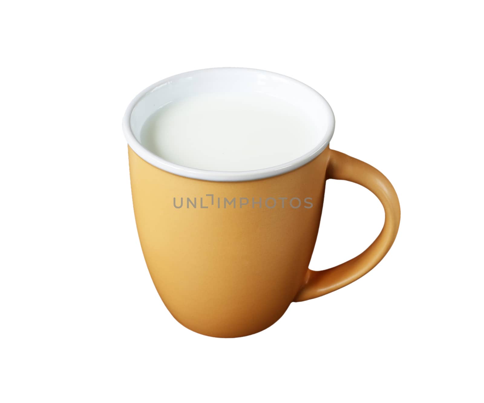 mug of clay brown color. inside poured healthy milk. isolate on white background.