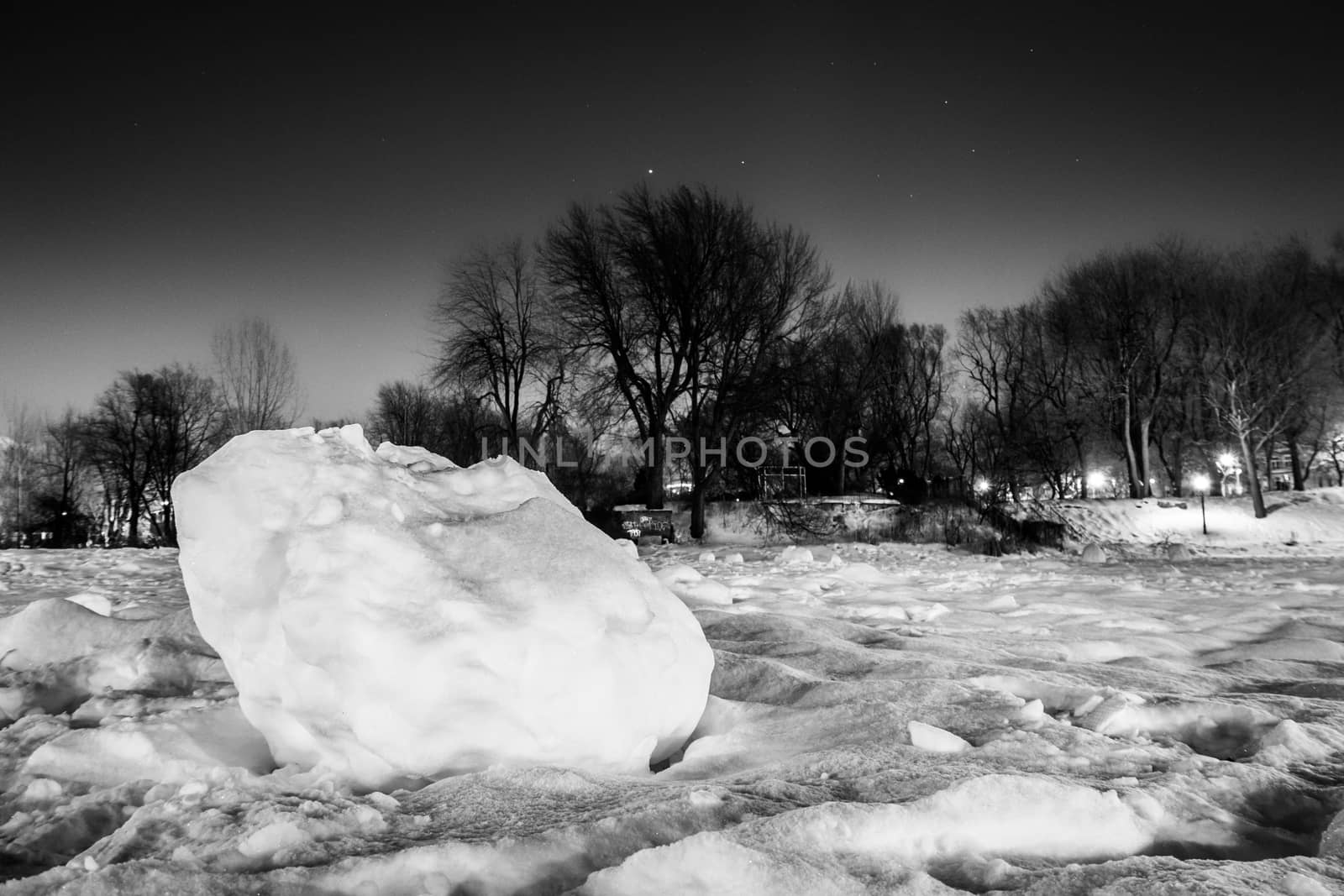 Shot of a big piece of ice and snow in Parc Lafontaine, Montreal, Quebec