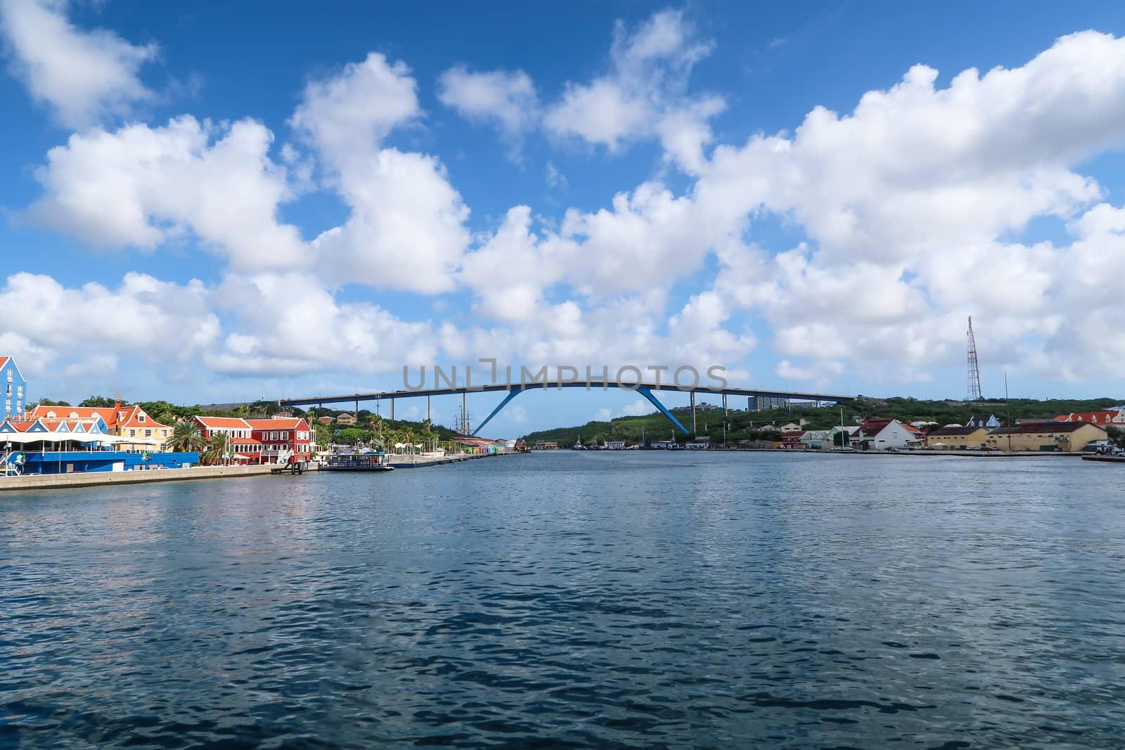 Queen Julia bridge from the pedestrian floating bridge in front of it. Willemstad, Curacao.