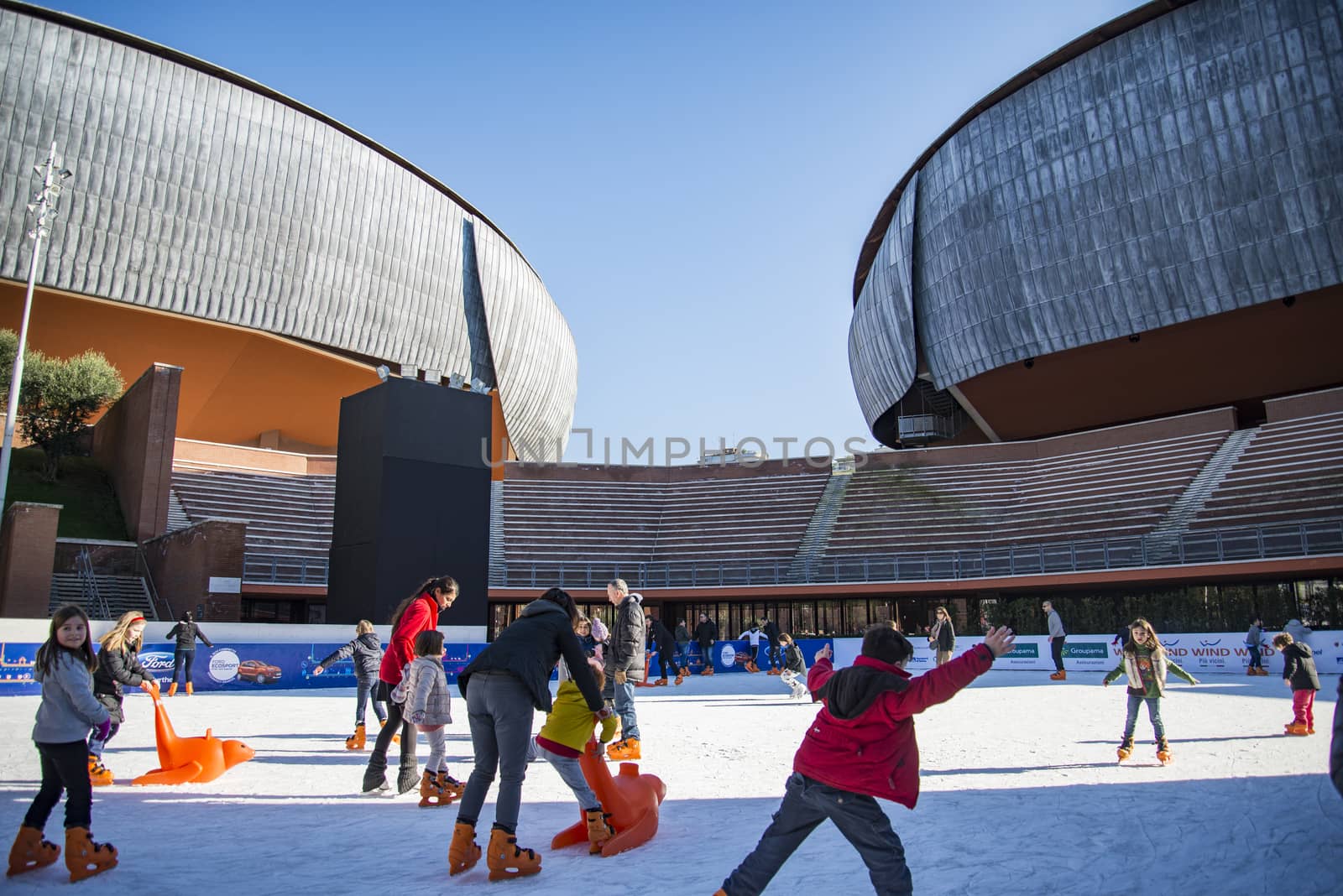 ROME - JANUARY 5, 2015: Ice skating ring outside the Auditorium Parco della Musica, large public music complex designed by Italian architect Renzo Piano on January 5, 2017 in Rome, Italy
