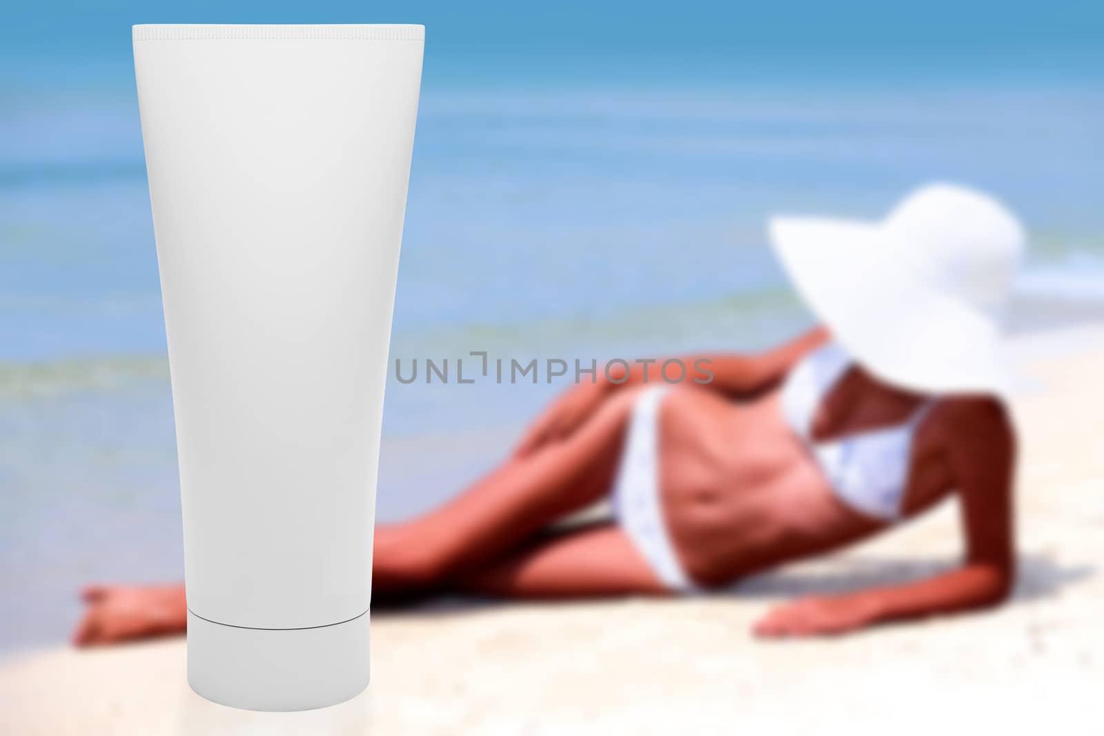 Tube of sun lotion with slim tanned woman on a beach behind. Summer holidays