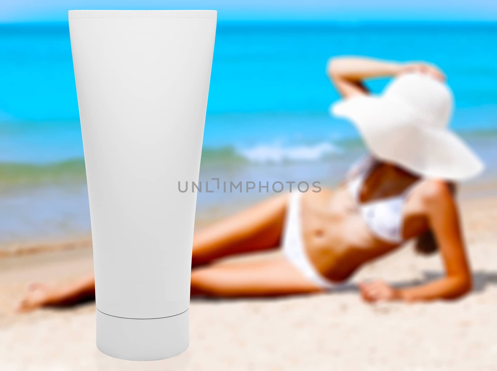 Tube of sun lotion with slim tanned woman on a beach behind. Sum by Nobilior