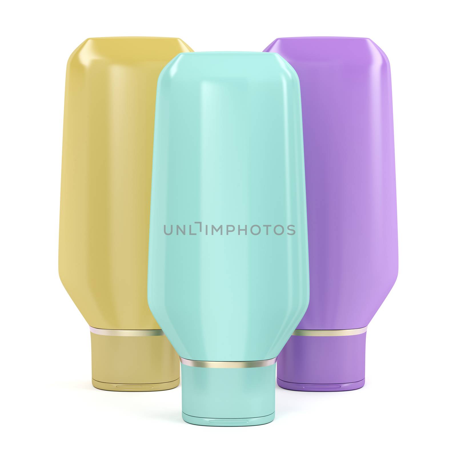 Three plastic bottles for shampoo, shower gel, body lotion or other liquids