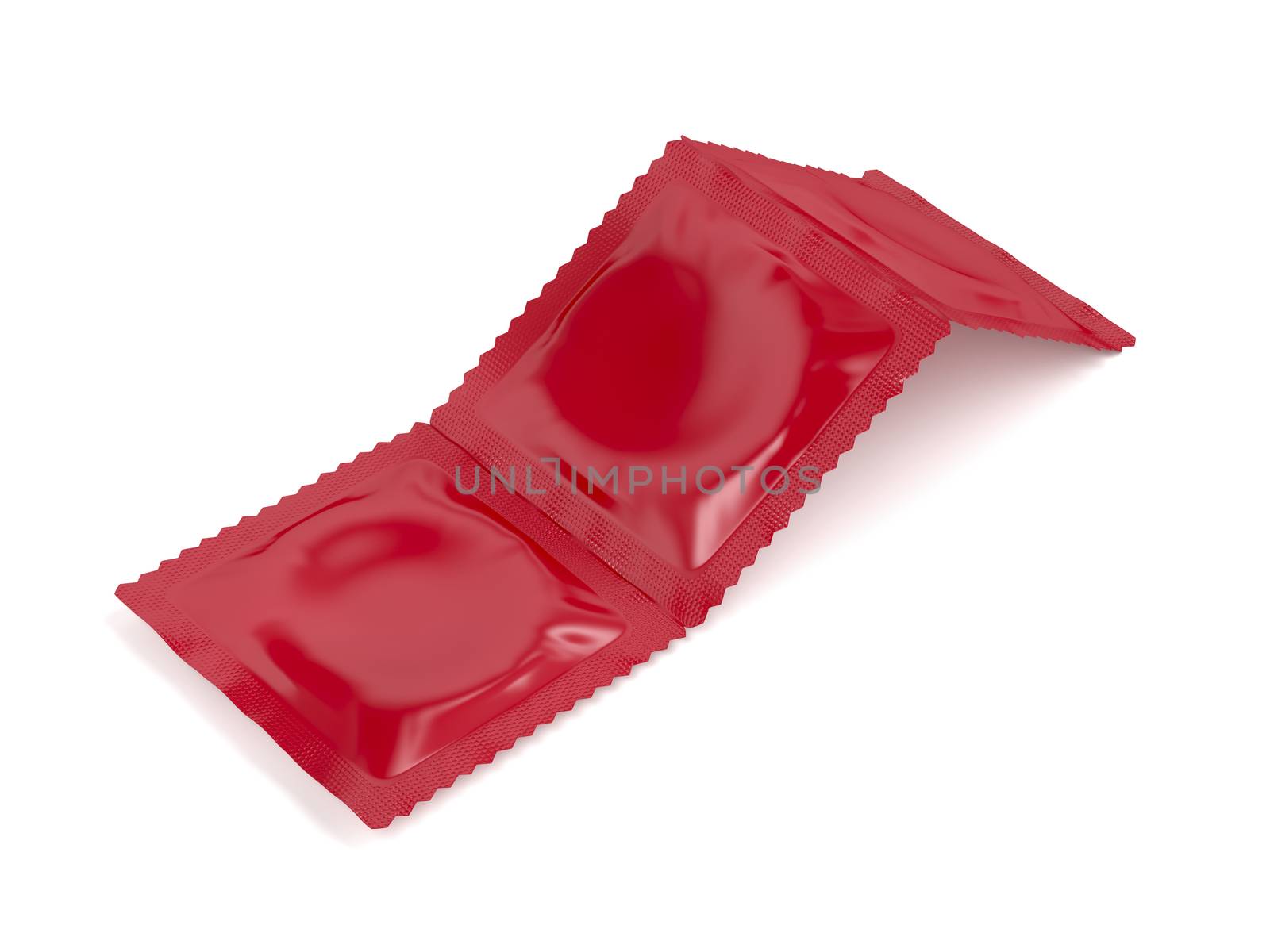 Three condoms on white background, 3D illustration 