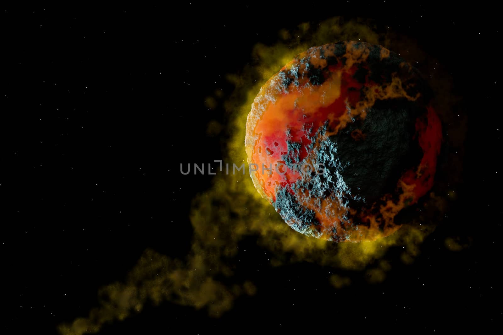 Volcanic Planet cataclysm. Science fiction space 3d illustration.