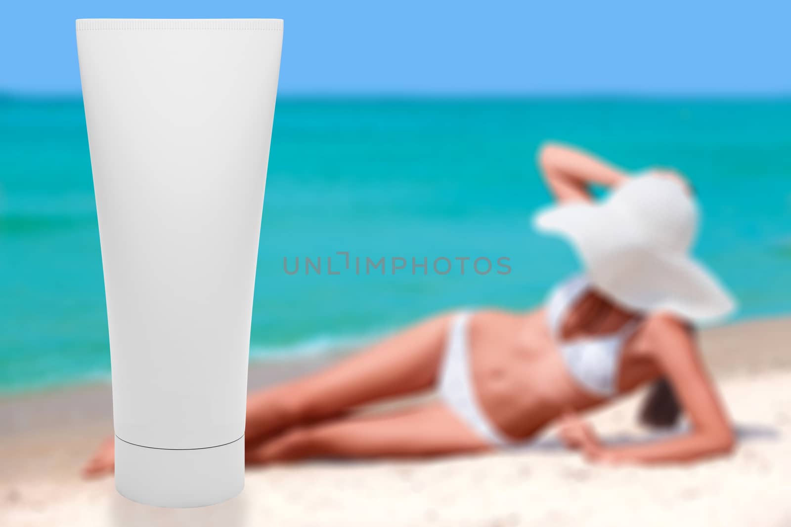 Tube of sun lotion with slim tanned woman on a beach behind. Sum by Nobilior