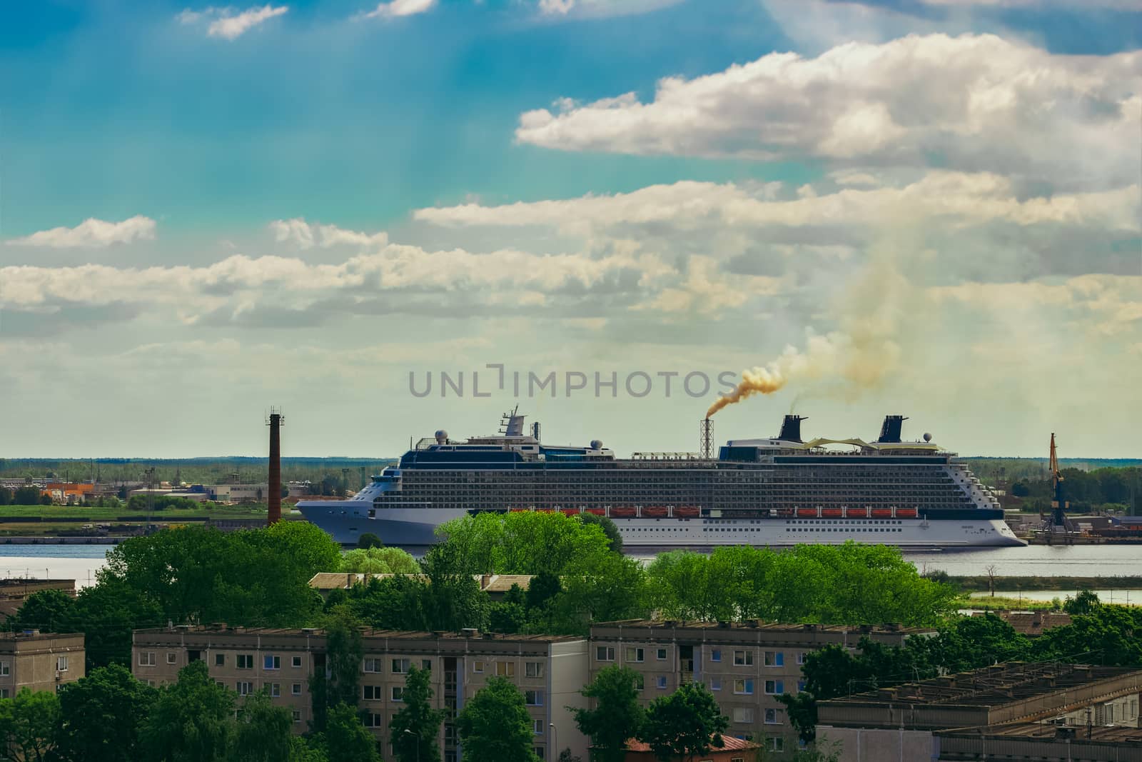 Large cruize liner. Passenger ship moored in old town