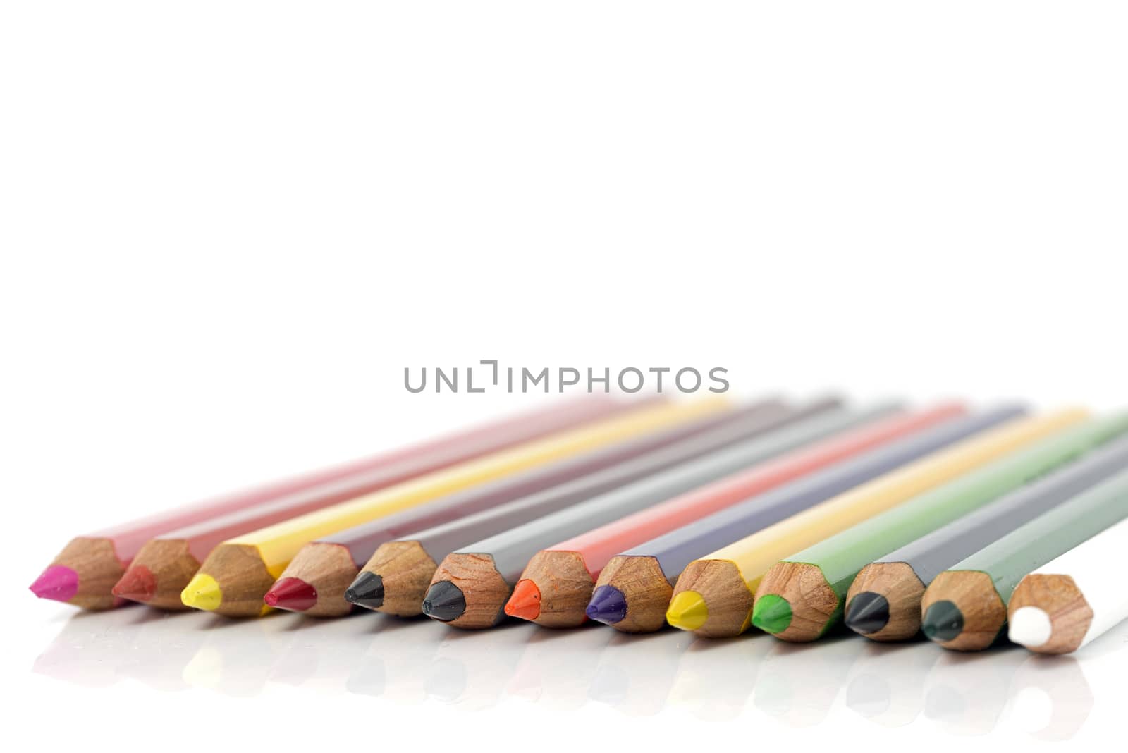 pensils in red green blue yellow white and others isolated on background with text space