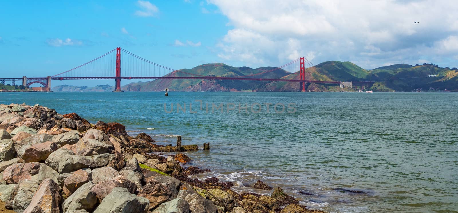 Golden Gate panorama. Panoramic view of Golden Gate brige in San Francisco. Golden gate bridge vivid day landscape, San Francisco.
