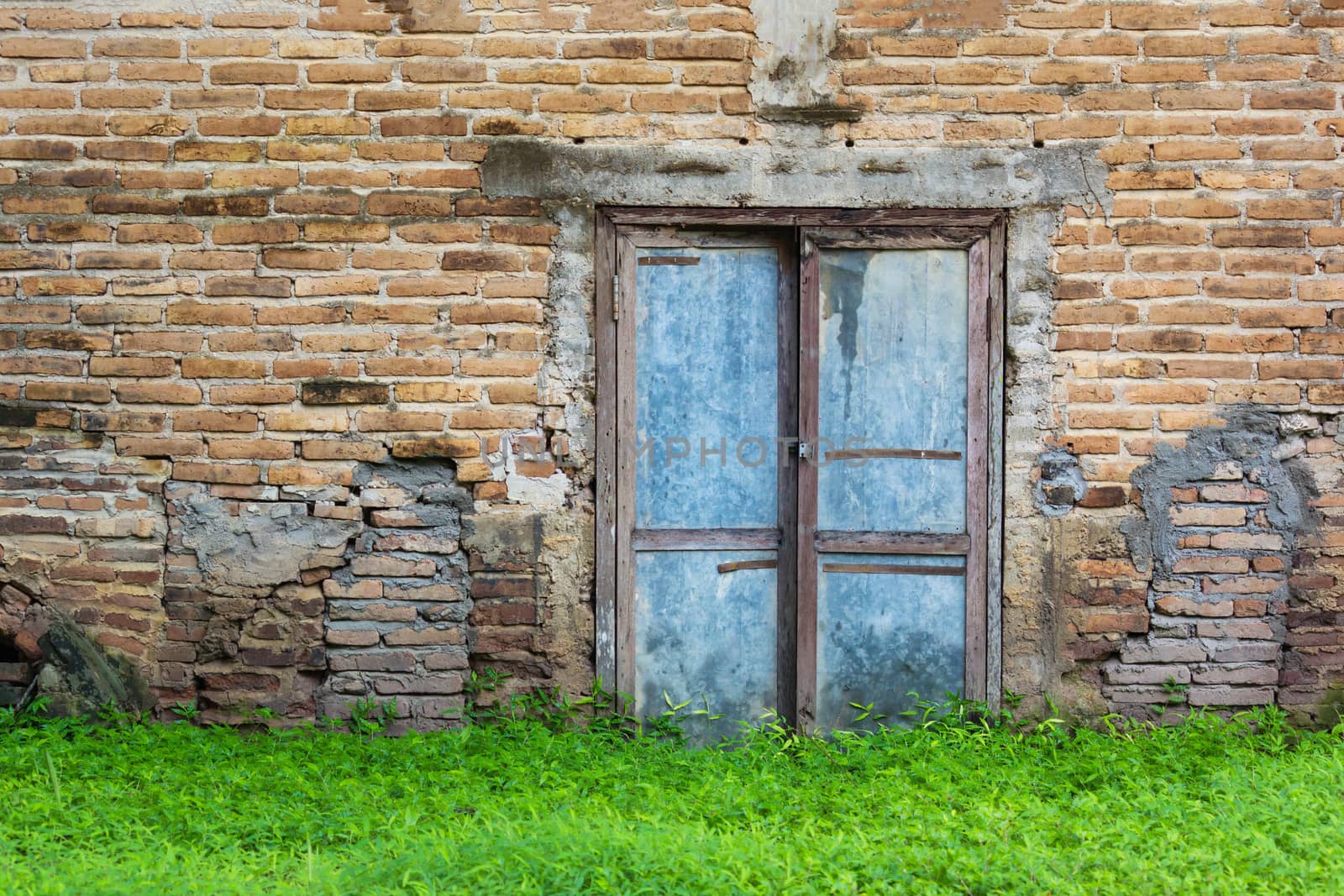 Old Vintage Door On The Old Brick Wall And Green Grass.