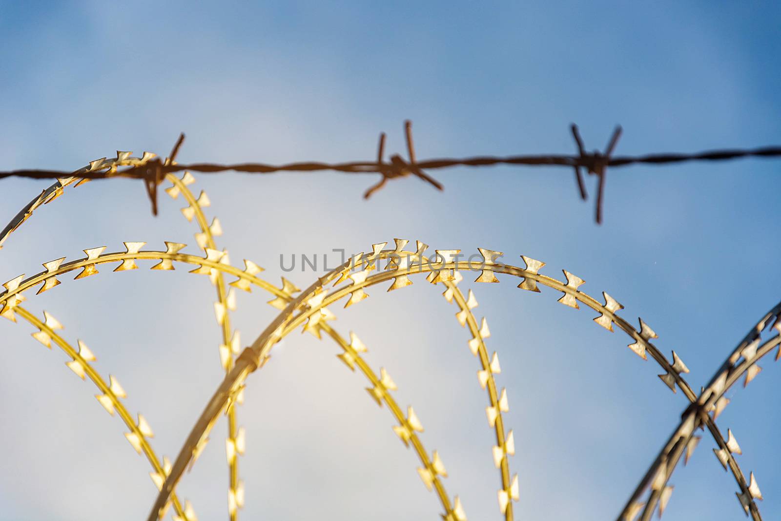 Barbed Wire Fence Used For Protection Purposes Of Property And Imprisonment, No Freedom, Barbed Wire On fence With Blue Sky To Feel Worrying.