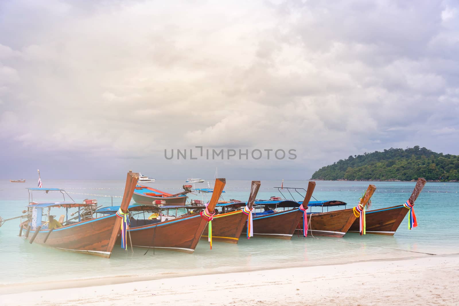 The Many Longtail Boat On Clear Blue Sea With Soft Light, Vintage Tone