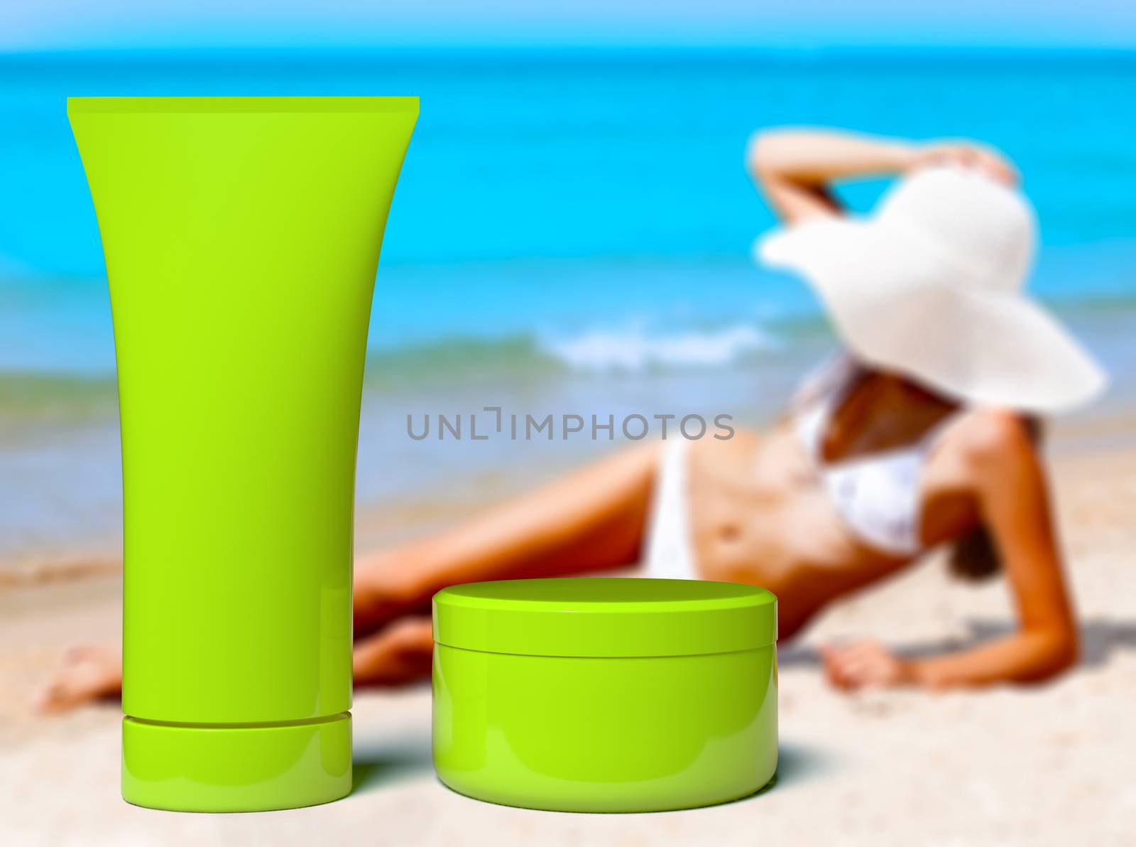 Woman in a swimsuit against the background of the blue sea and bottle and jar of sunblock cream or lotion