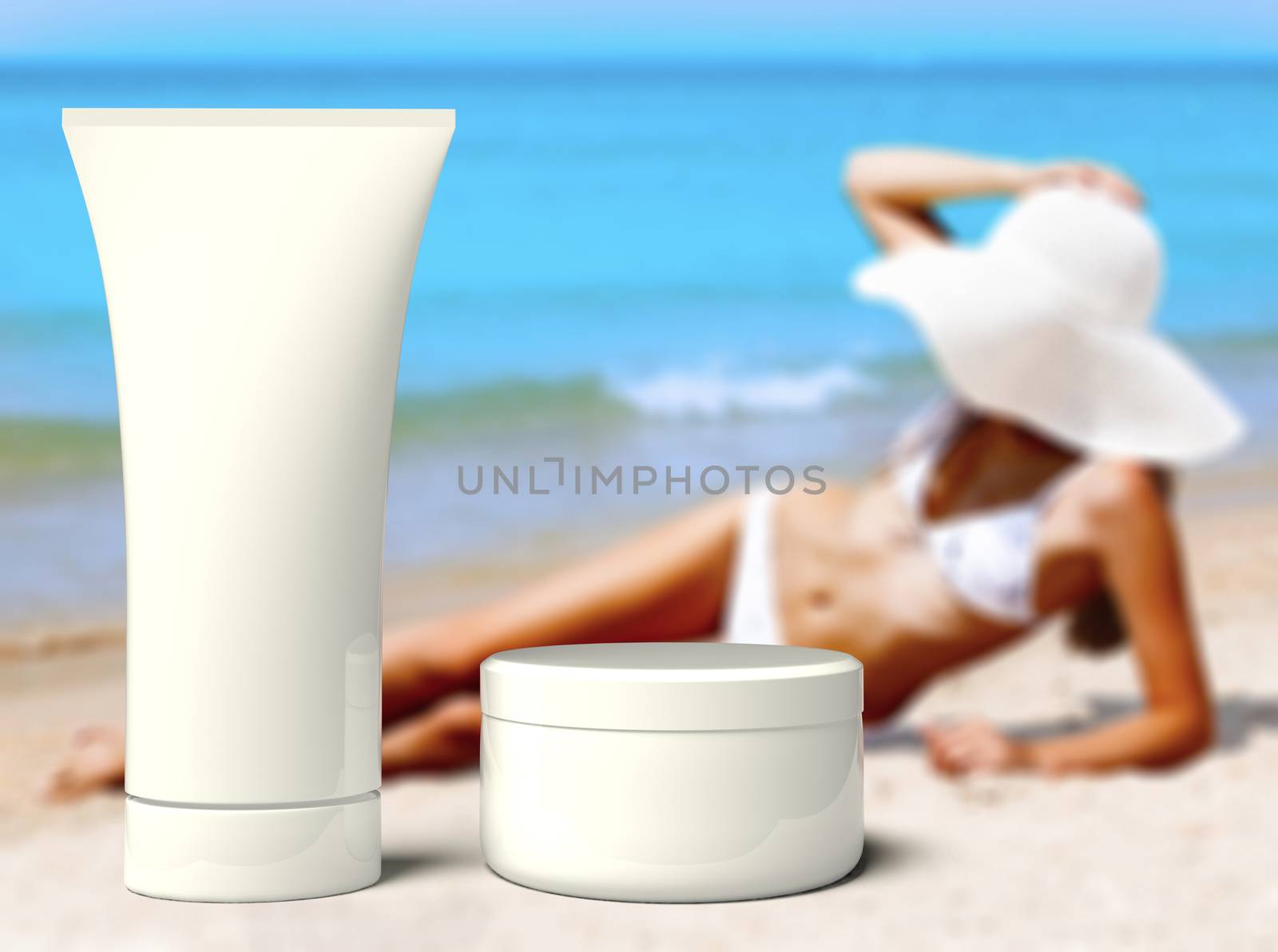Woman in a swimsuit against the background of the blue sea and bottle and jar of sunblock cream or lotion