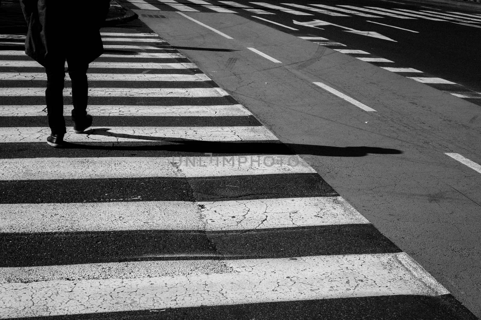 Men walking on zebra crossing street.
