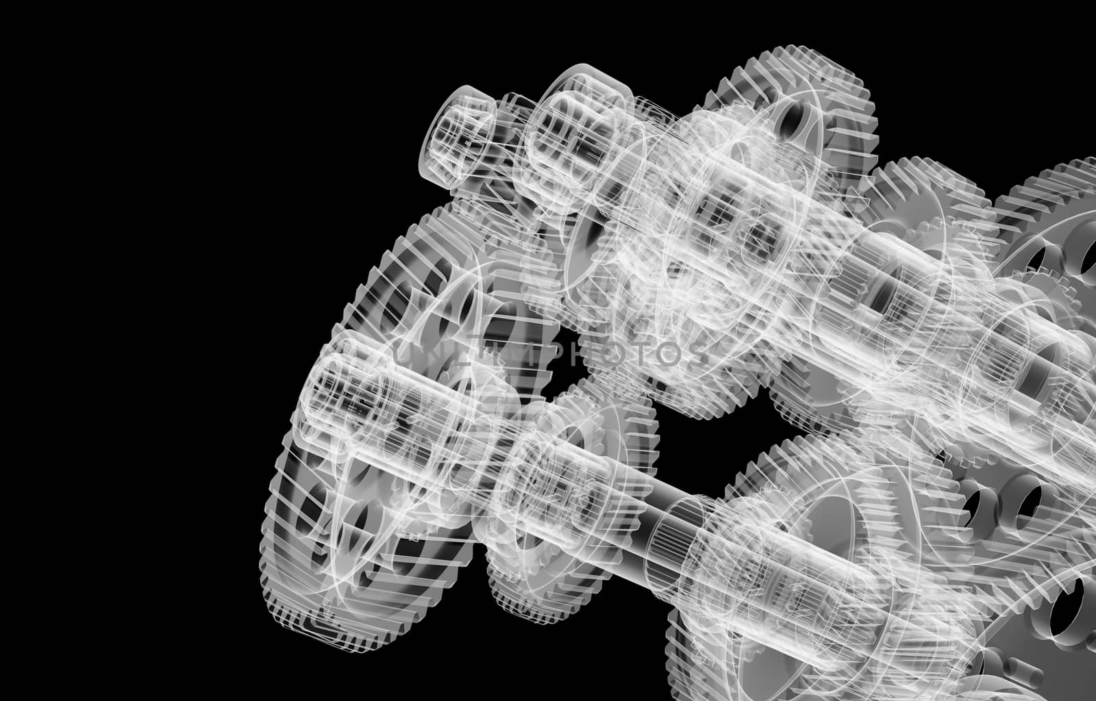 The mechanism consists of gears, shafts and bearings. Diagnosis of machine failure.. Isolated X-ray render on a black background. 3d illustration