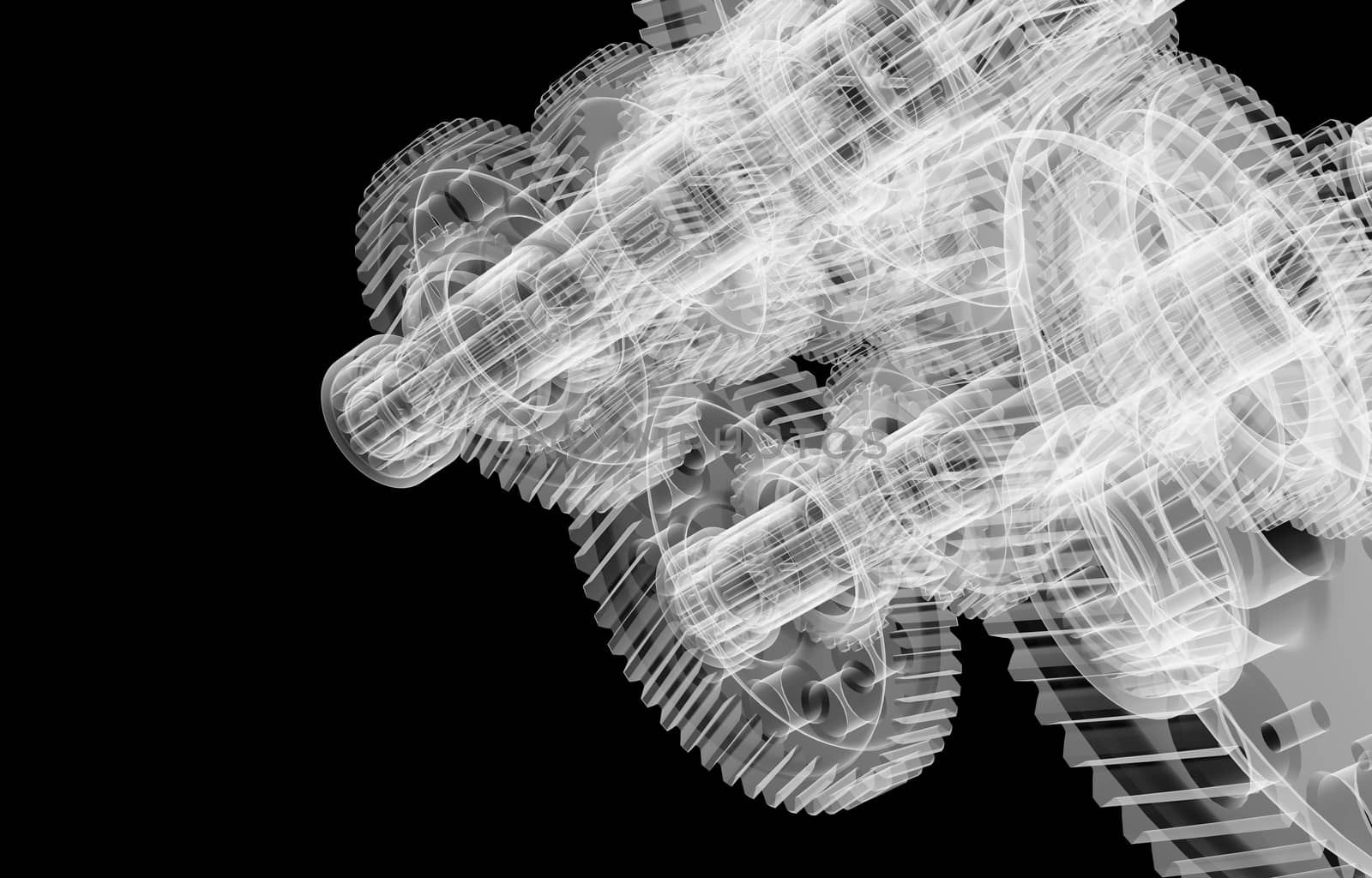 The mechanism consists of gears, shafts and bearings. Diagnosis of machine failure.. Isolated X-ray render on a black background. 3d illustration