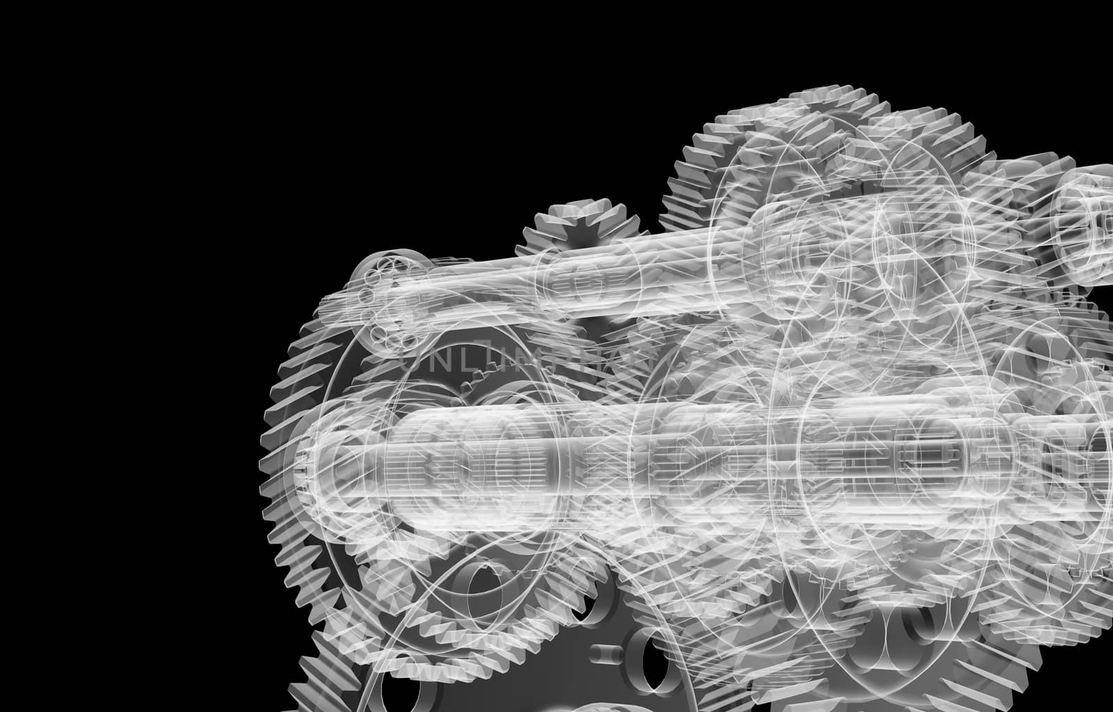 The mechanism consists of gears, shafts and bearings. Diagnosis of machine failure.. Isolated X-ray render on a black background. 3d illustration