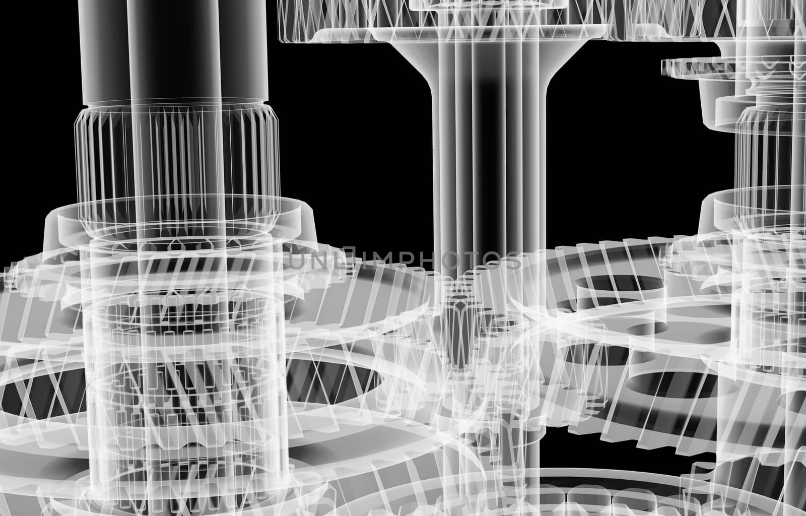 The mechanism consists of gears, shafts and bearings. Diagnosis of machine failure.. Isolated X-ray render on a black background. 3d illustration