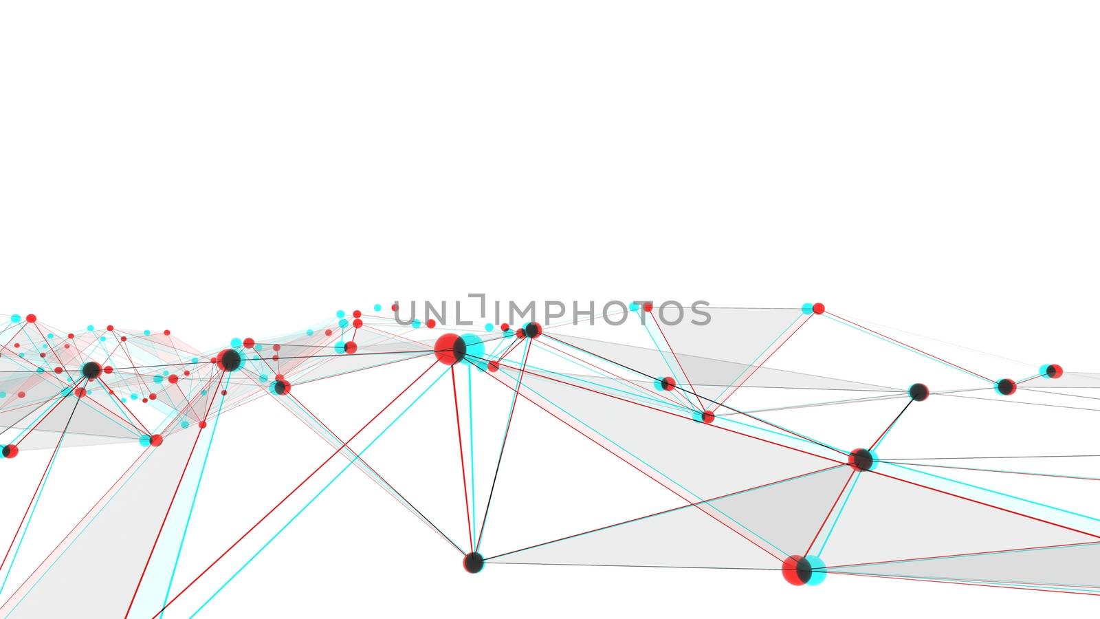 Concept of networks, science, technology or business. The points are connected by lines and transparent triangles. Large data array. 3d illustration with anaglyph effect