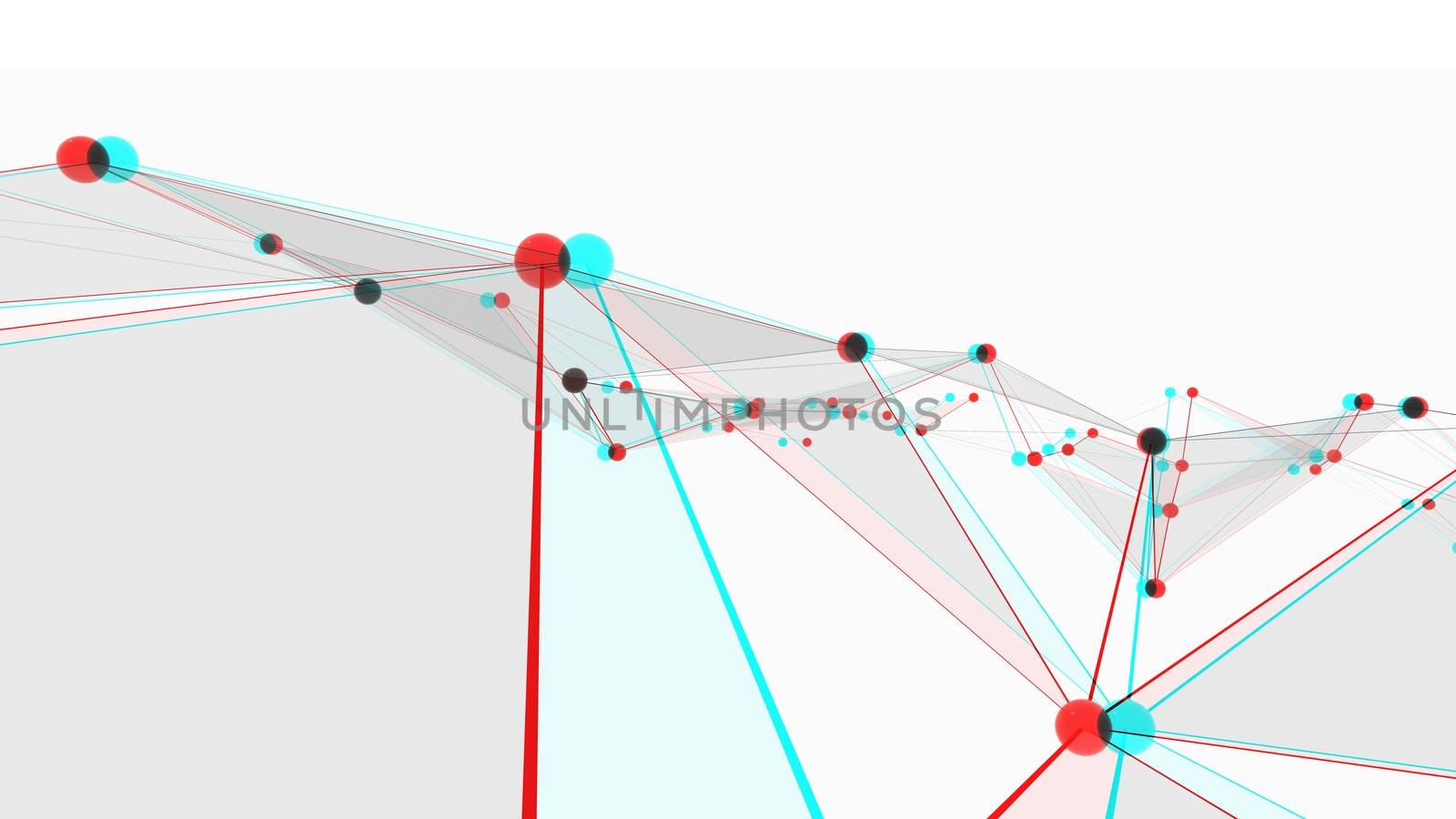 Concept of networks, science, technology or business. The points are connected by lines and transparent triangles. Large data array. 3d illustration with anaglyph effect