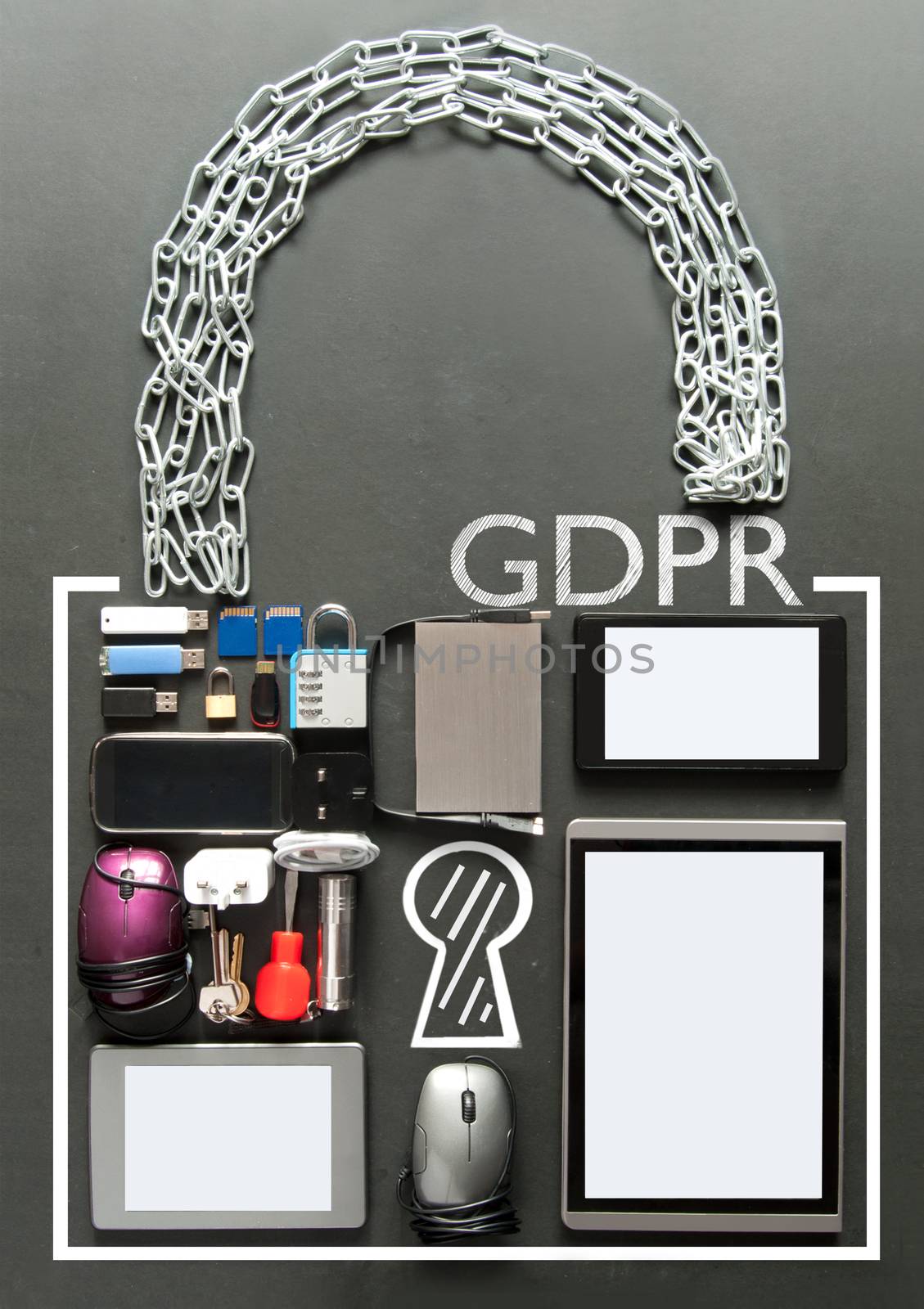 GDPR handwritten inside a padlock made from various devices including tablets, computer mouse, usb cards