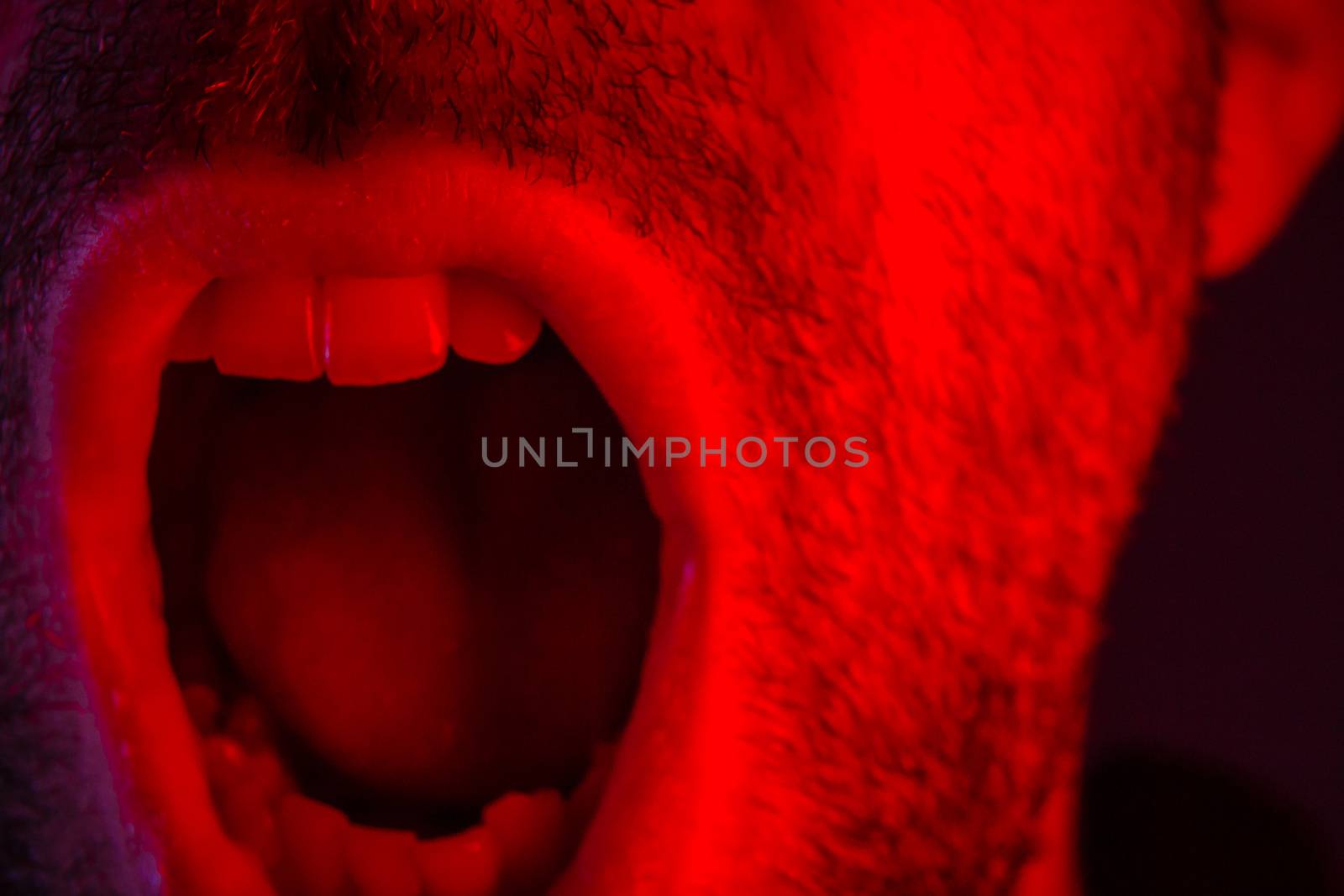 Macro closeup on man shouting with mouth wide open. Portrait with angry facial expression.