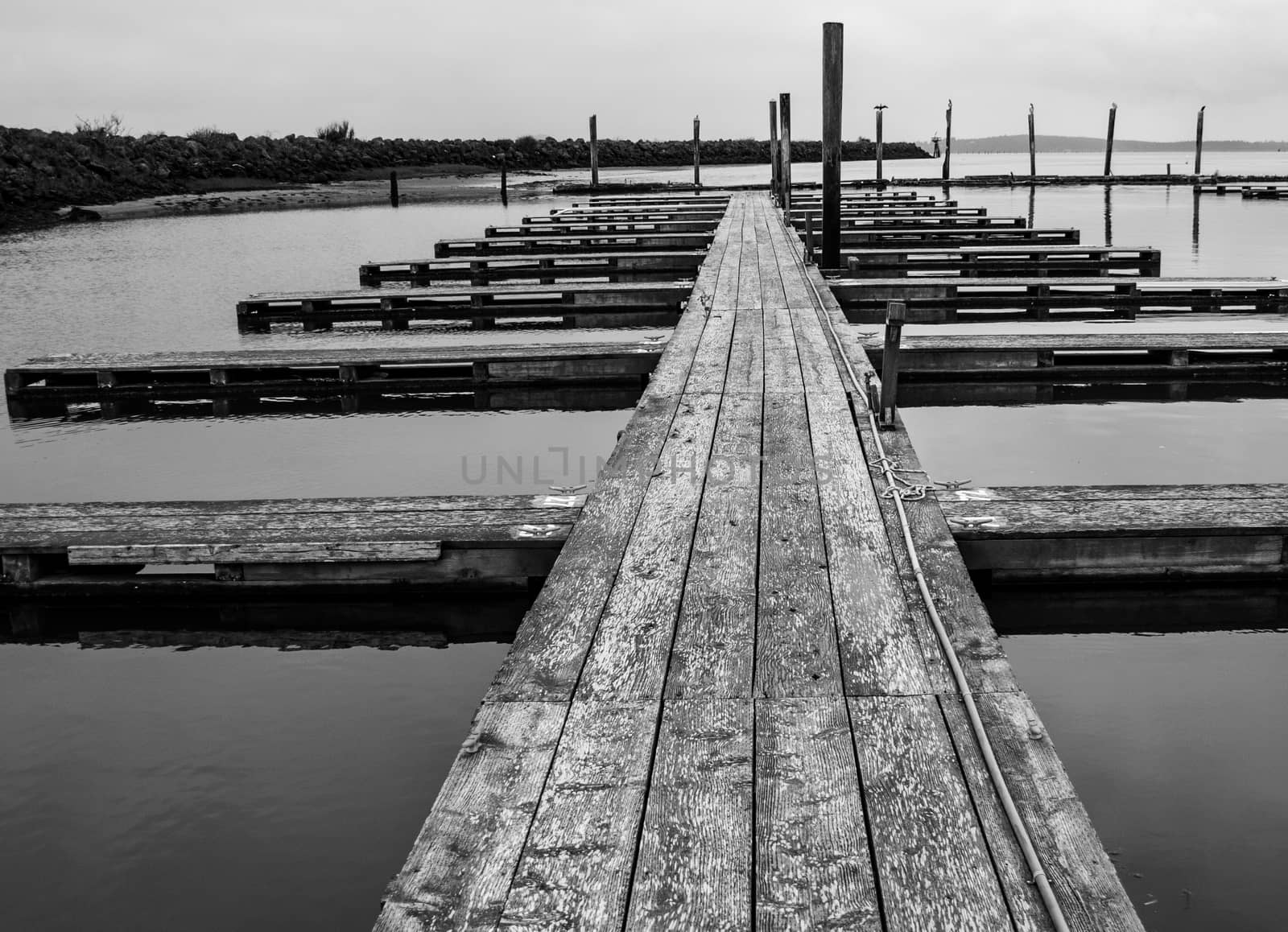 Black and white boat dock in a calm harbor