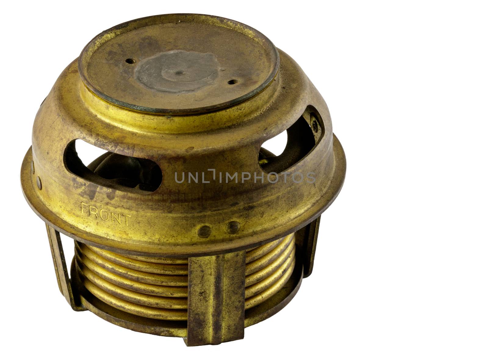 Antique vintage american automobile brass bellows style thermostat assembly on a white background