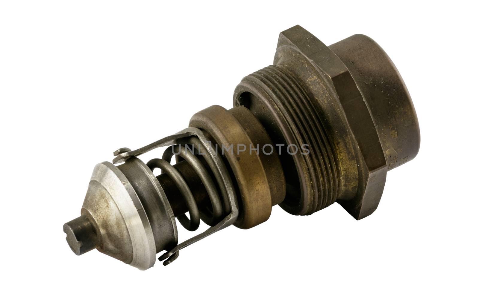 Antique vintage american automobile Antique vintage american automobile brass threaded style thermostat assembly on a white background