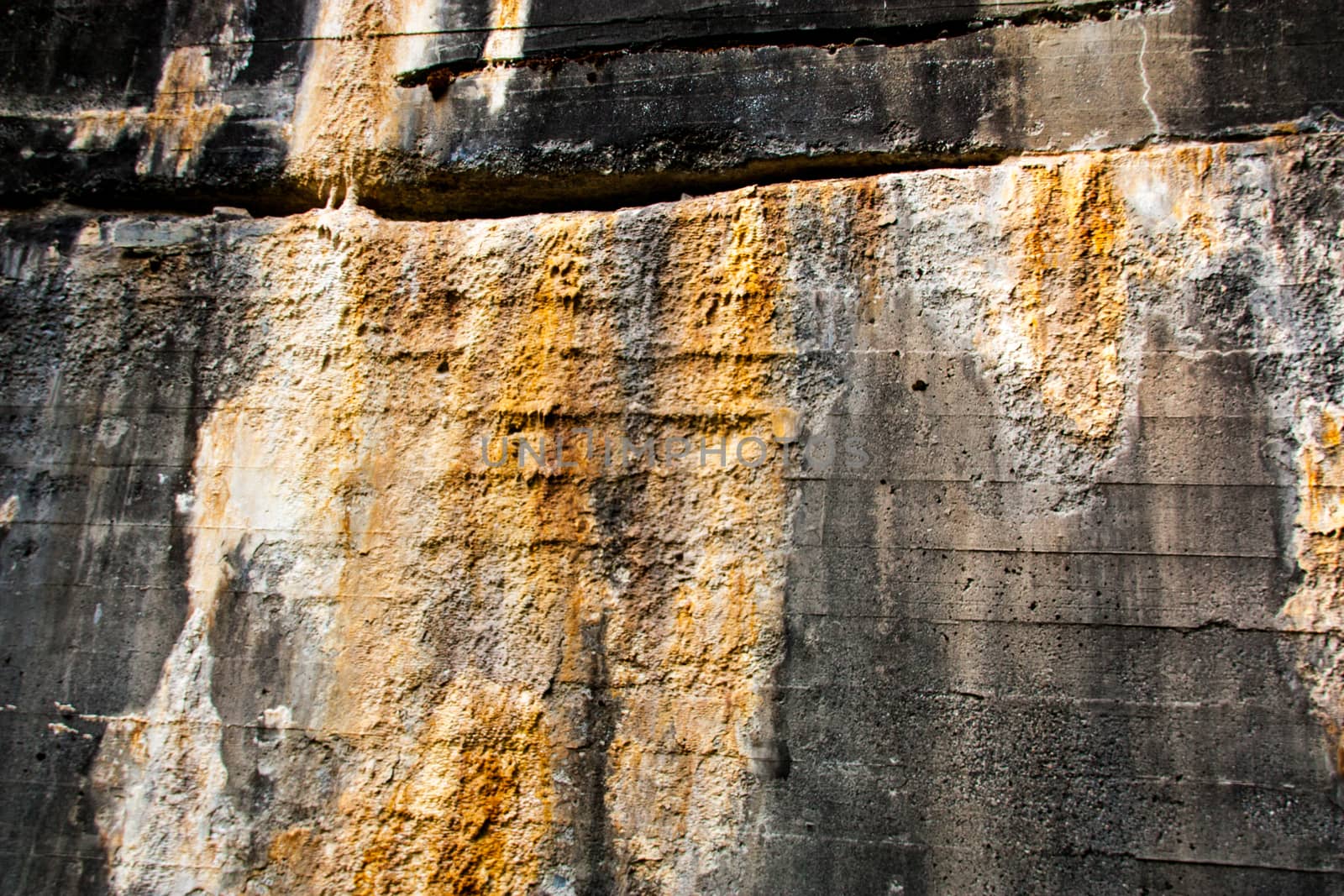 Old concrete wall with rust calcium stains running down