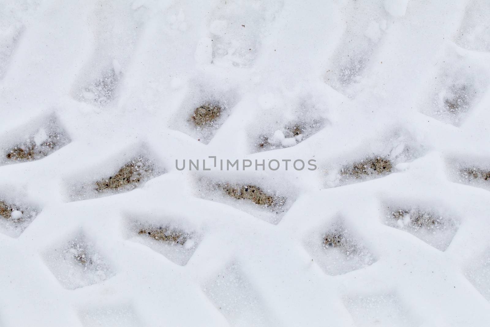 A closeup show tire tracks in the white fallen snow.
