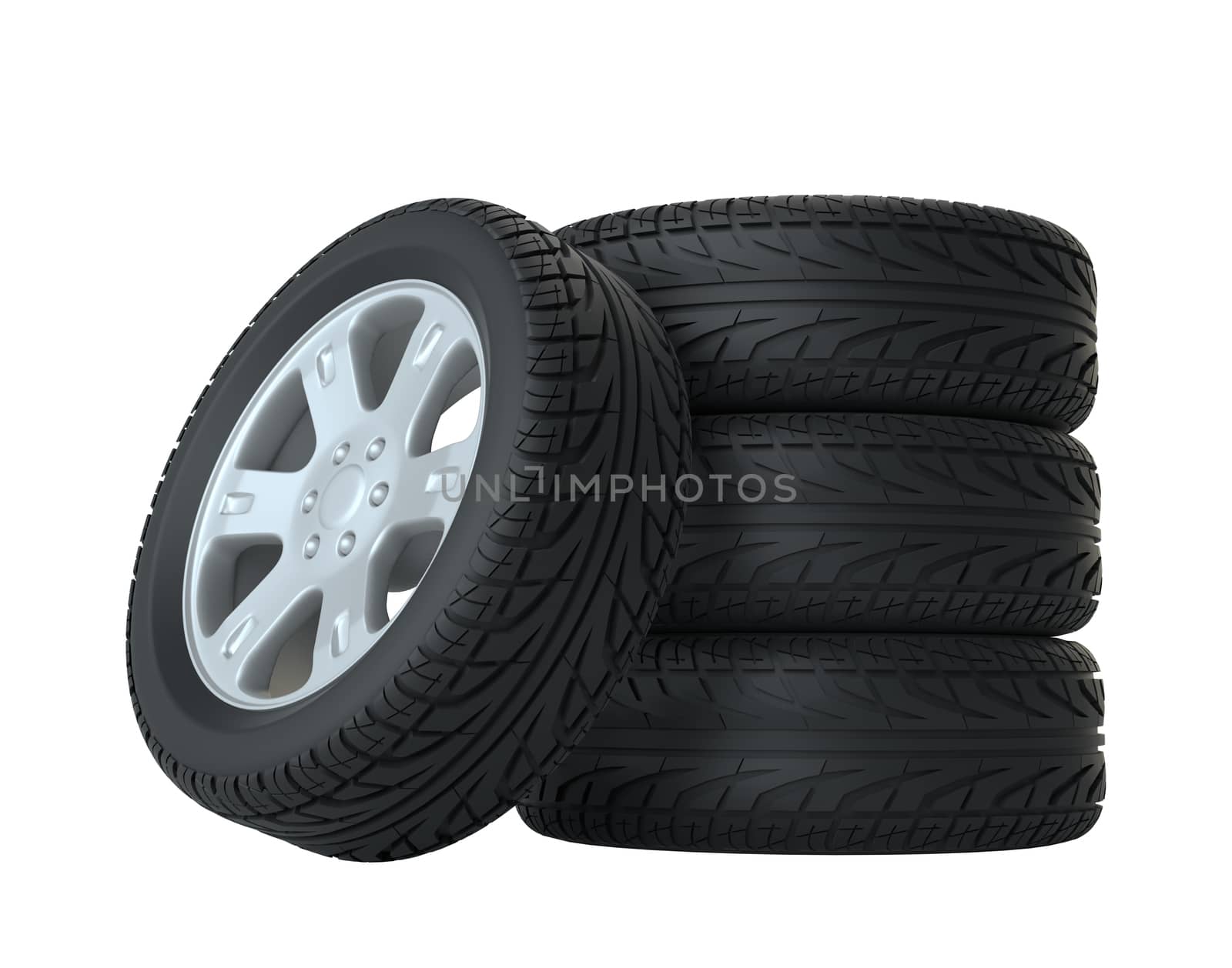 Stack of wheels. 3d illustration. Isolated white background