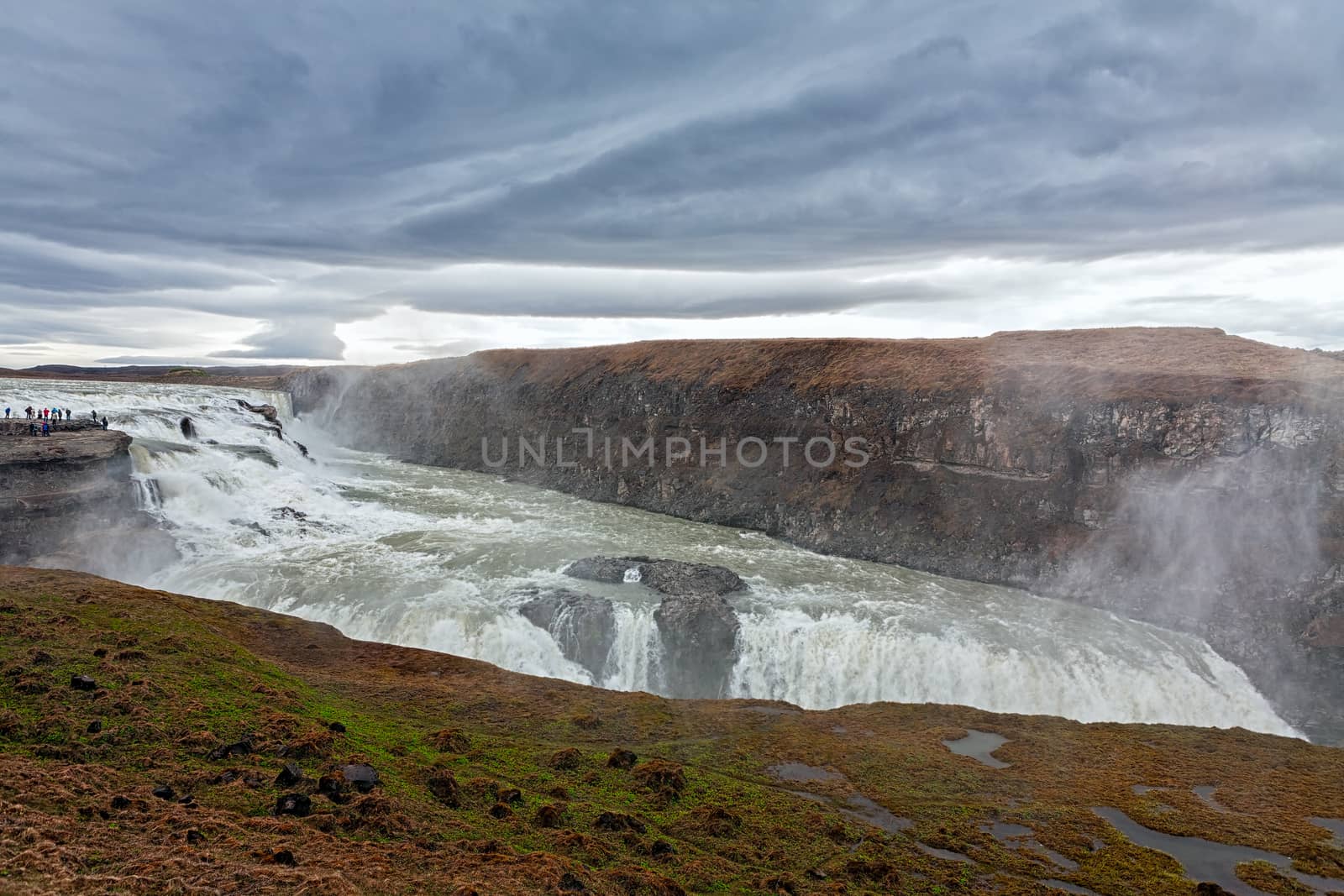 Panoramic view of Gullfoss and its canyon waterfall in a cloudy day, Iceland