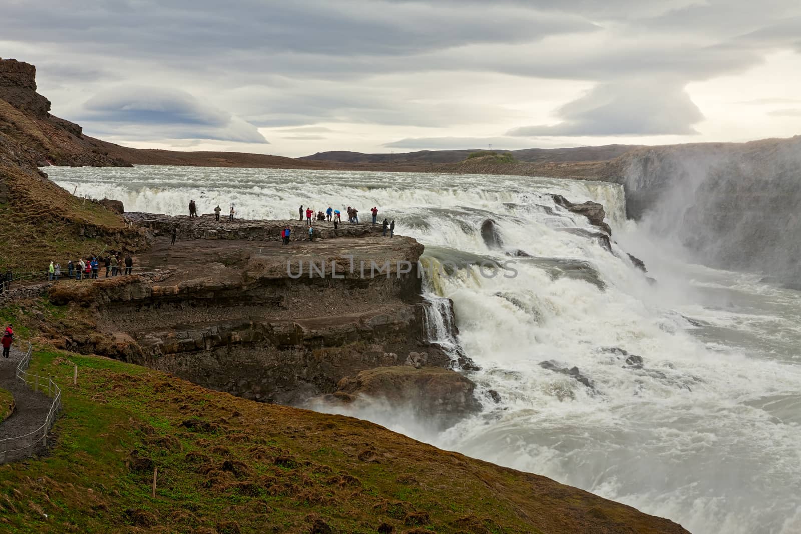 Powerful Gullfoss waterfall in a cloudy day in Iceland