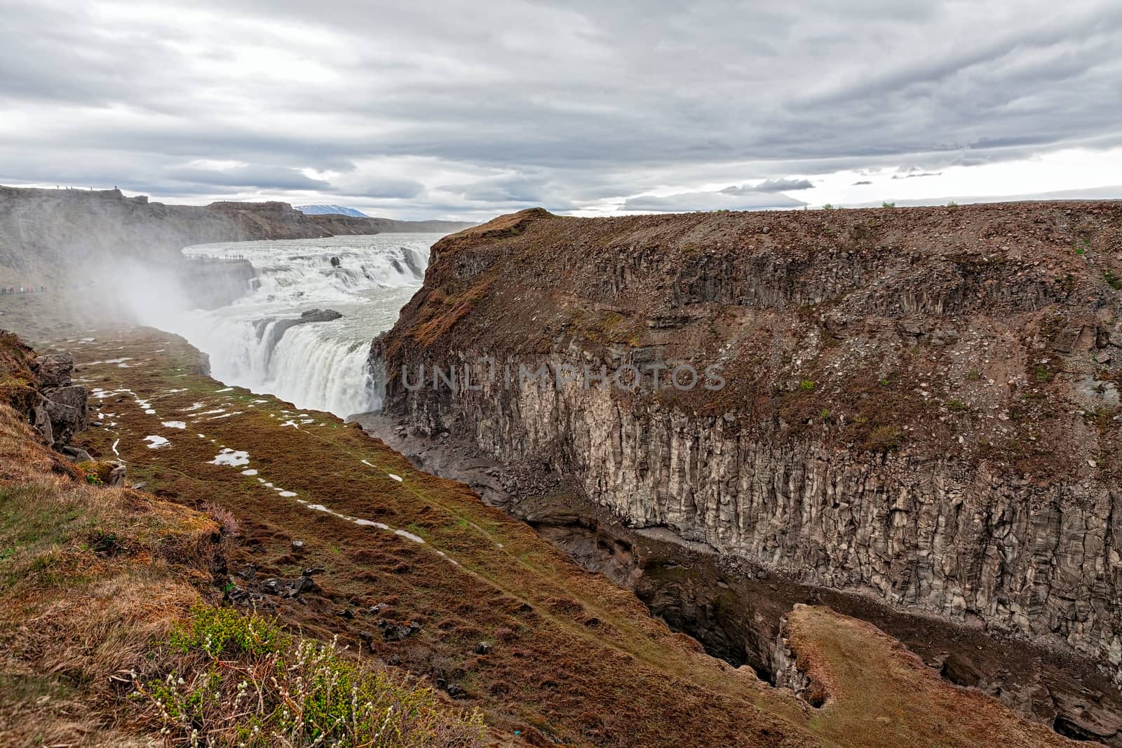 Panoramic view of Gullfoss waterfall and its canyon in a cloudy day, Iceland