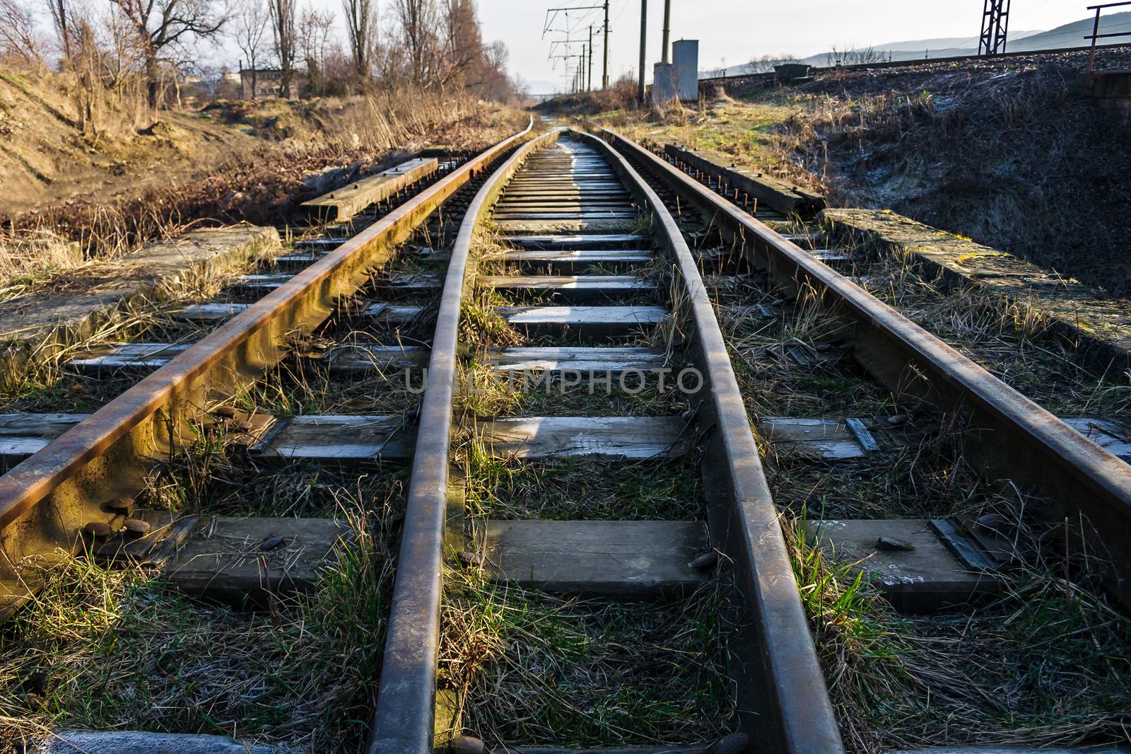 old railroad in springtime. transportation background