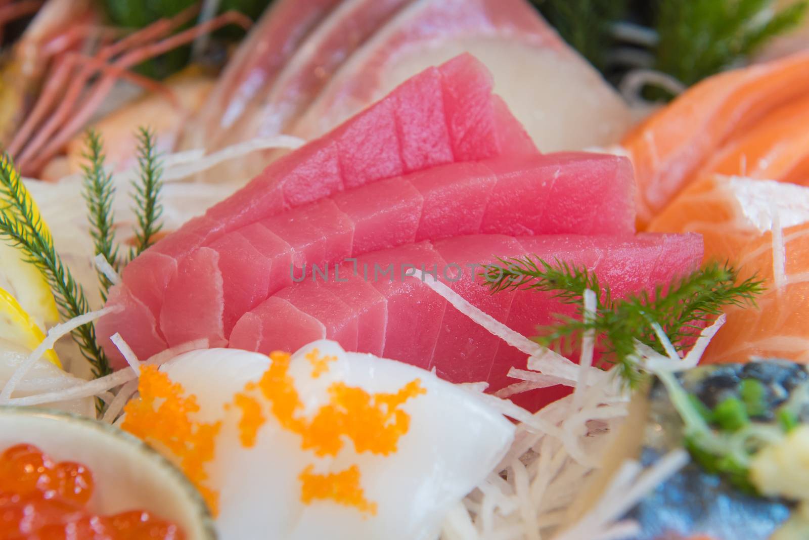 Salmon raw sashimi sushi with shrimp on plate, japanese food.