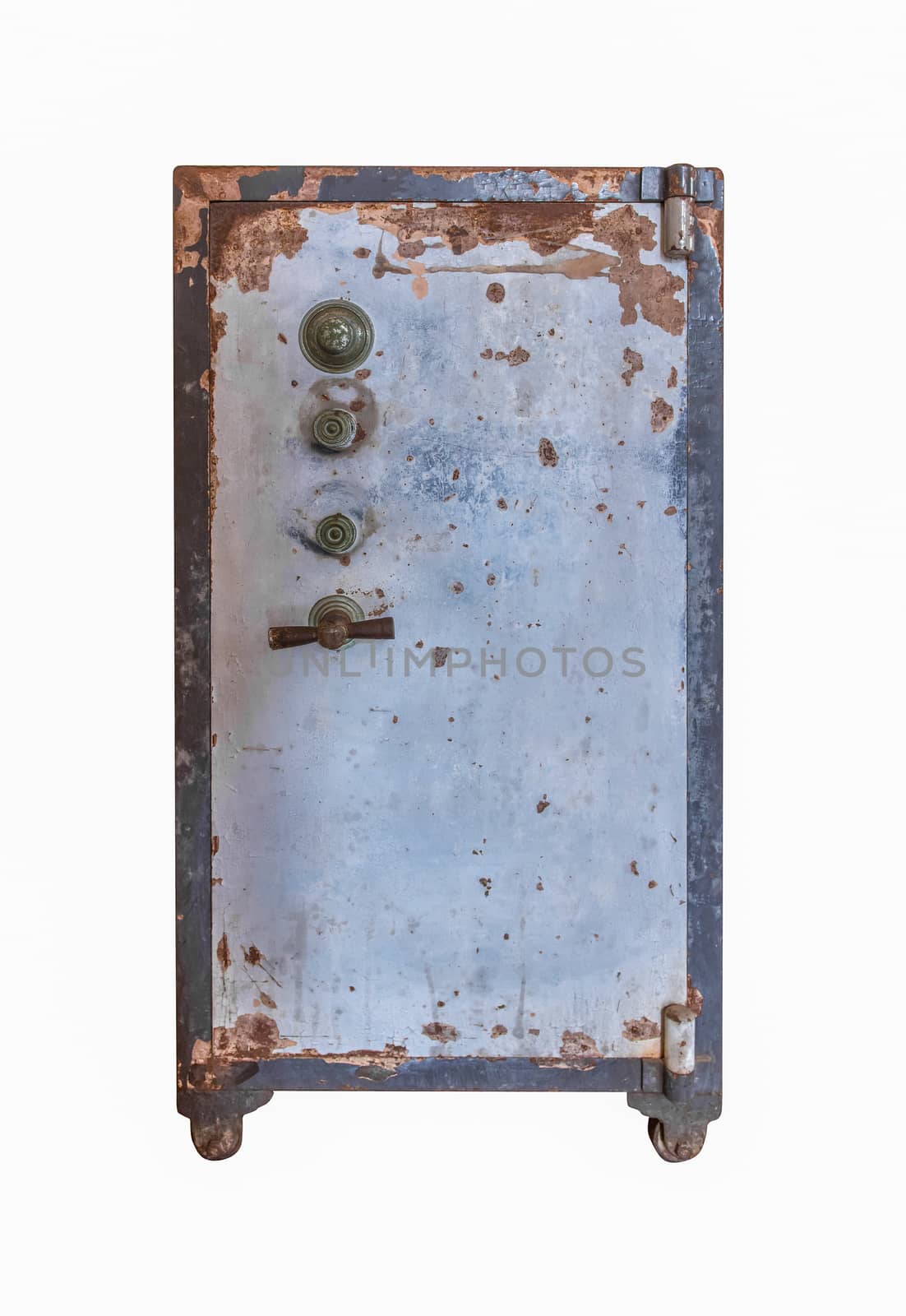 Old Wheled Safe box isolate on White Background.