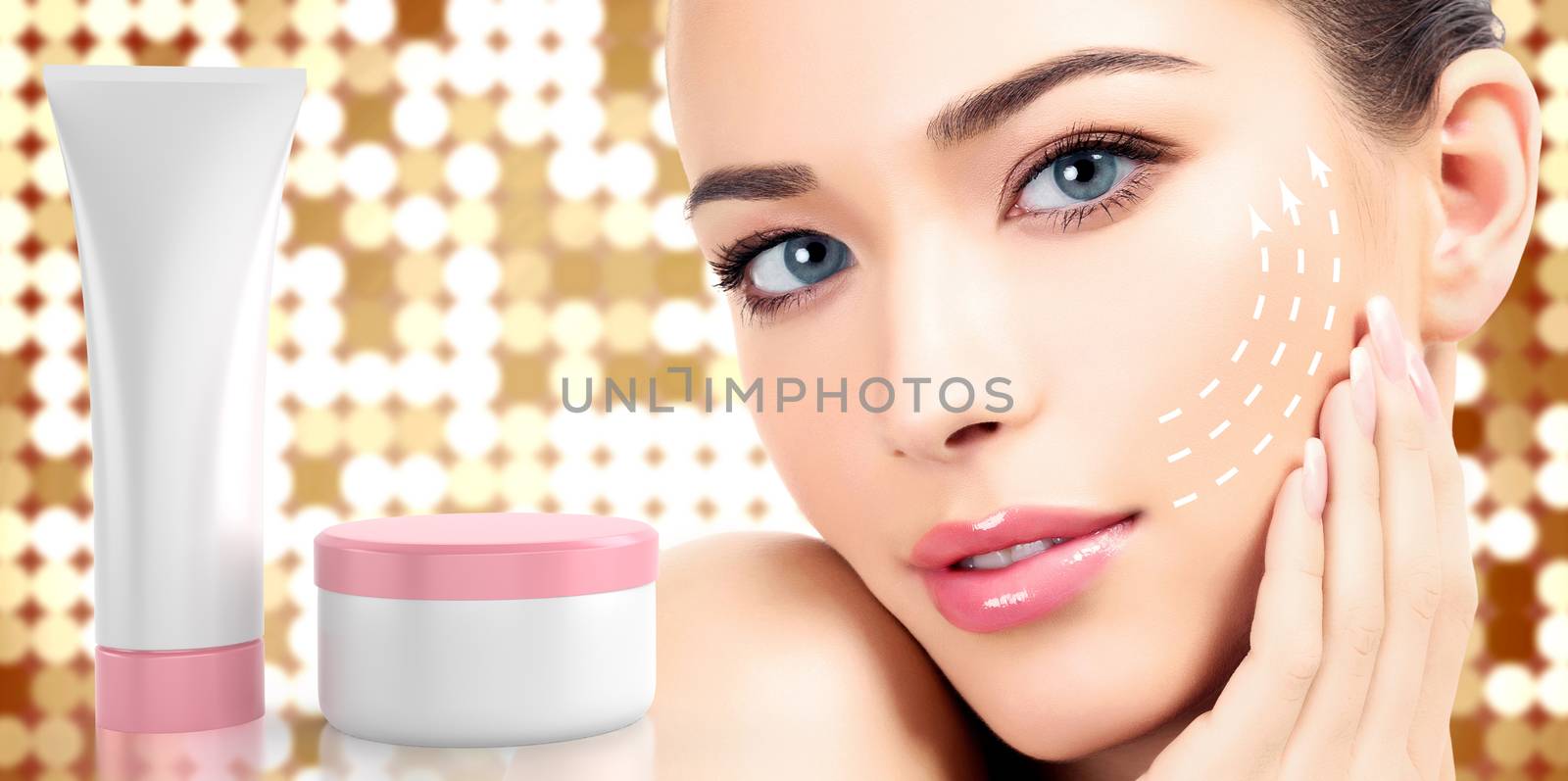 Woman beauty face and cosmetics tube and jar on an abstract background