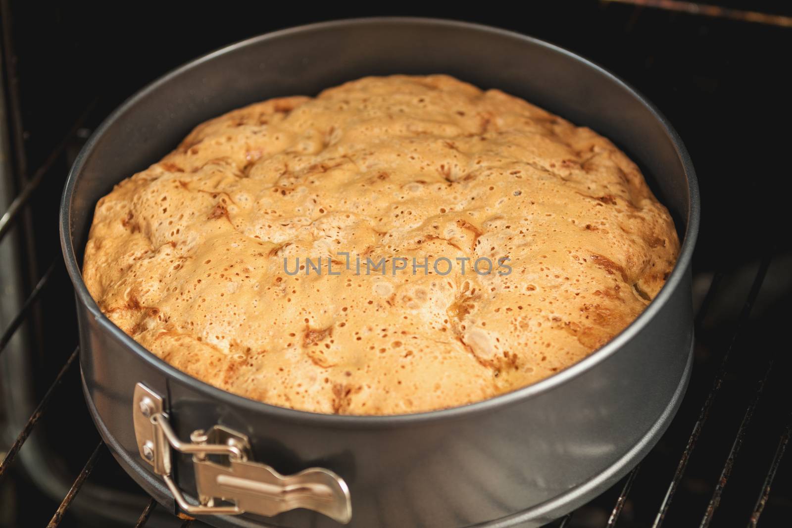 Charlotte, biscuit, pastry, cake in form in the oven. Fresh pastries in processes. Shallow depth of field.