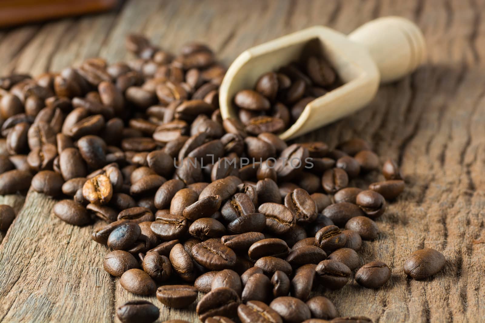 Pile of Fresh Raw Coffee Beans on Wooden Desk Table by thampapon