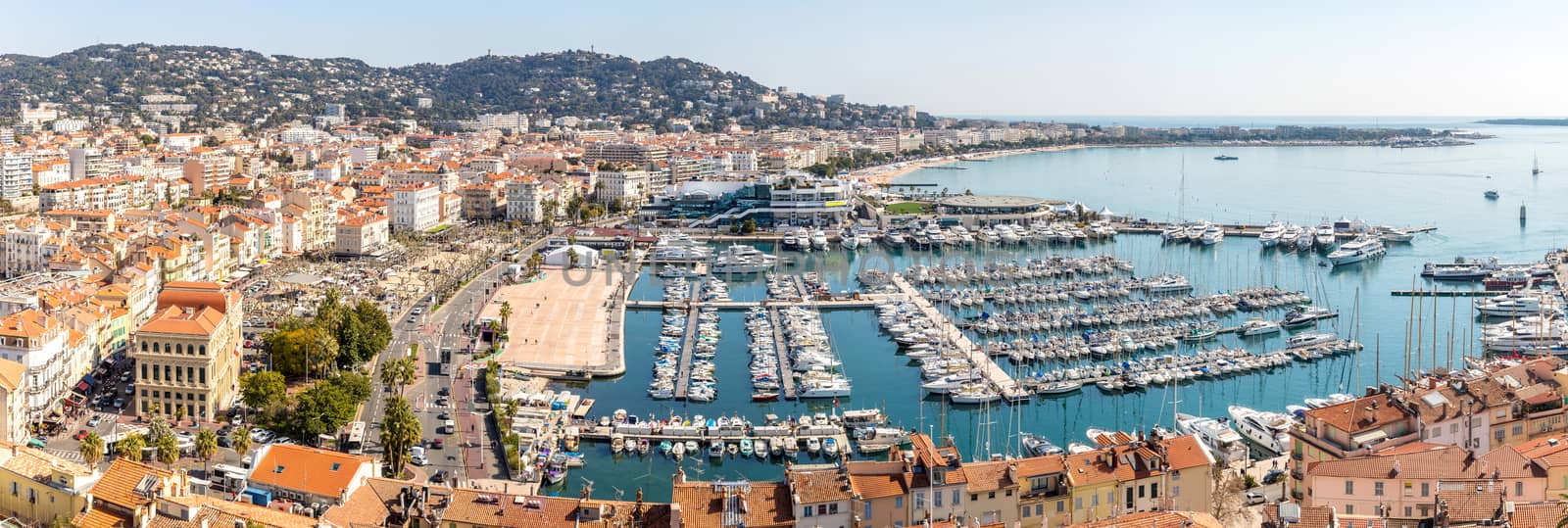 aerial view of Le Suquet- the old town and Port Le Vieux of Cannes, France Panorama