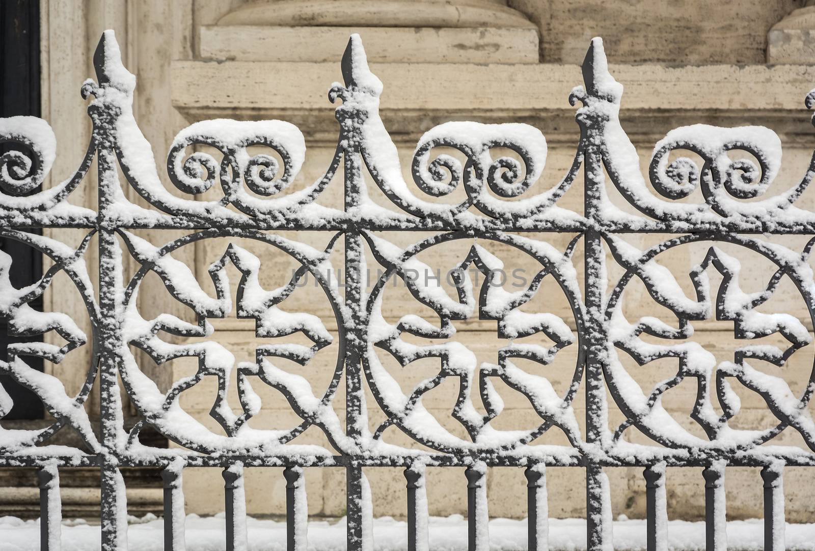 iron decorated gate covered with snow. Seasonal concept